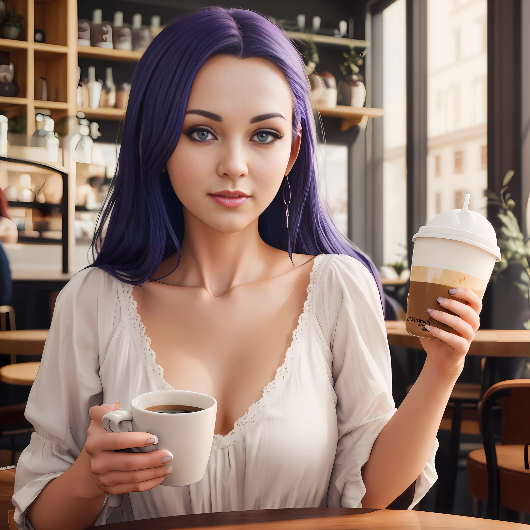 there is a woman with purple hair holding a cup of coffee, mysterious coffee shop girl, realistic artstyle, drinking coffee, photorealistic artstyle, realistic digital illustration, realistic fantasy render, drinking a coffee, realistic art style, realistic digital art 4k, realistic digital art 4 k, semi - realistic render, photorealistic anime girl render, realistic anime 3 d style