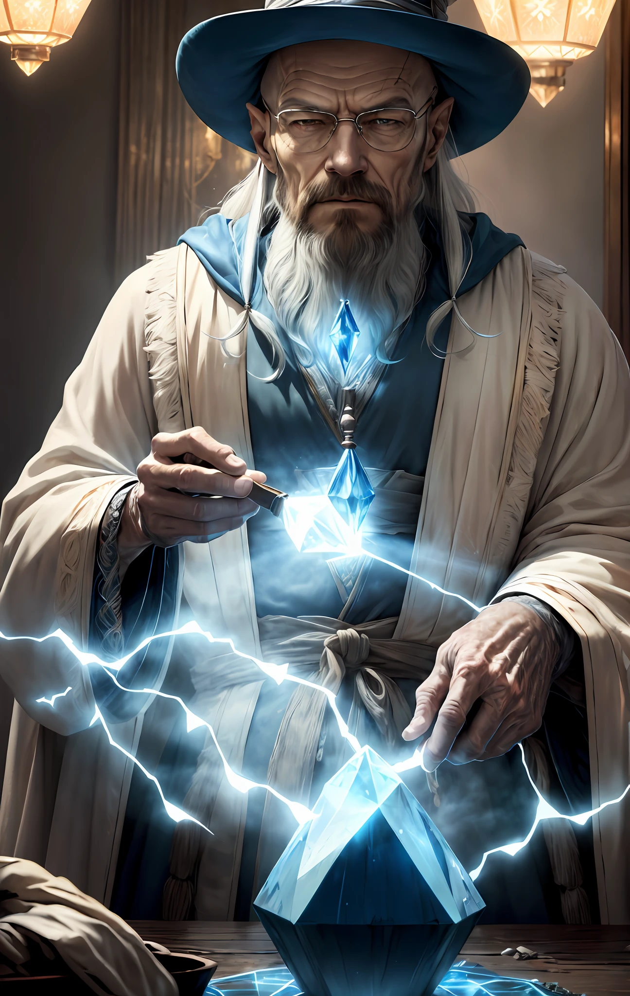 Walter White, (Masterpiece:1.2), (Best Quality), Detailed, UHD, Cinematic Lighting, sharp focus, (illustration:1.1), intricate, Old Wizard with long white hair and beard, wearing a wizard's robe and hat, pondering a blue glowing crystal, in a dimly lit room, magician's room, glowing lights, flickering lights,