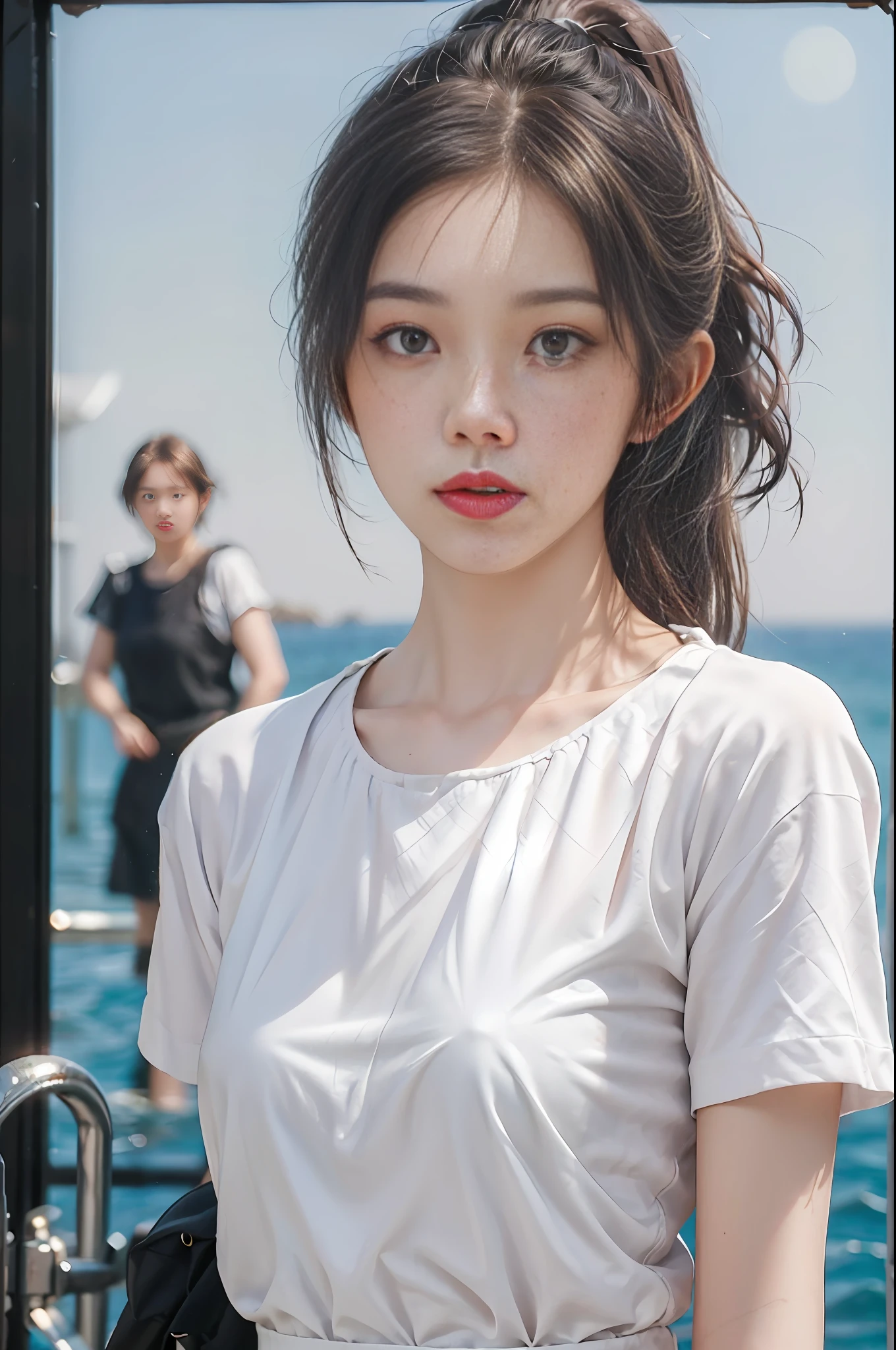 Temperament girl, delicate facial features, bangs, brown ponytail, messy hair, hair is very realistic, wearing a white shirt with short sleeves, the background is the sky, sea view, Du Qiong, exquisite makeup, light red lips, big eyes, double eyelids, black holes, bright eyes, symmetrical face, face is very real, meticulously portrayed the girl's face, blush, super high appearance, looking at the audience, very realistic skin, skin oil reflection, artwork, clothes with real fabric texture, realistic painting, film style, Photography level, ray tracing, realistic light and shadow effects, realism, masterpiece, just like the top photography effect, 8K