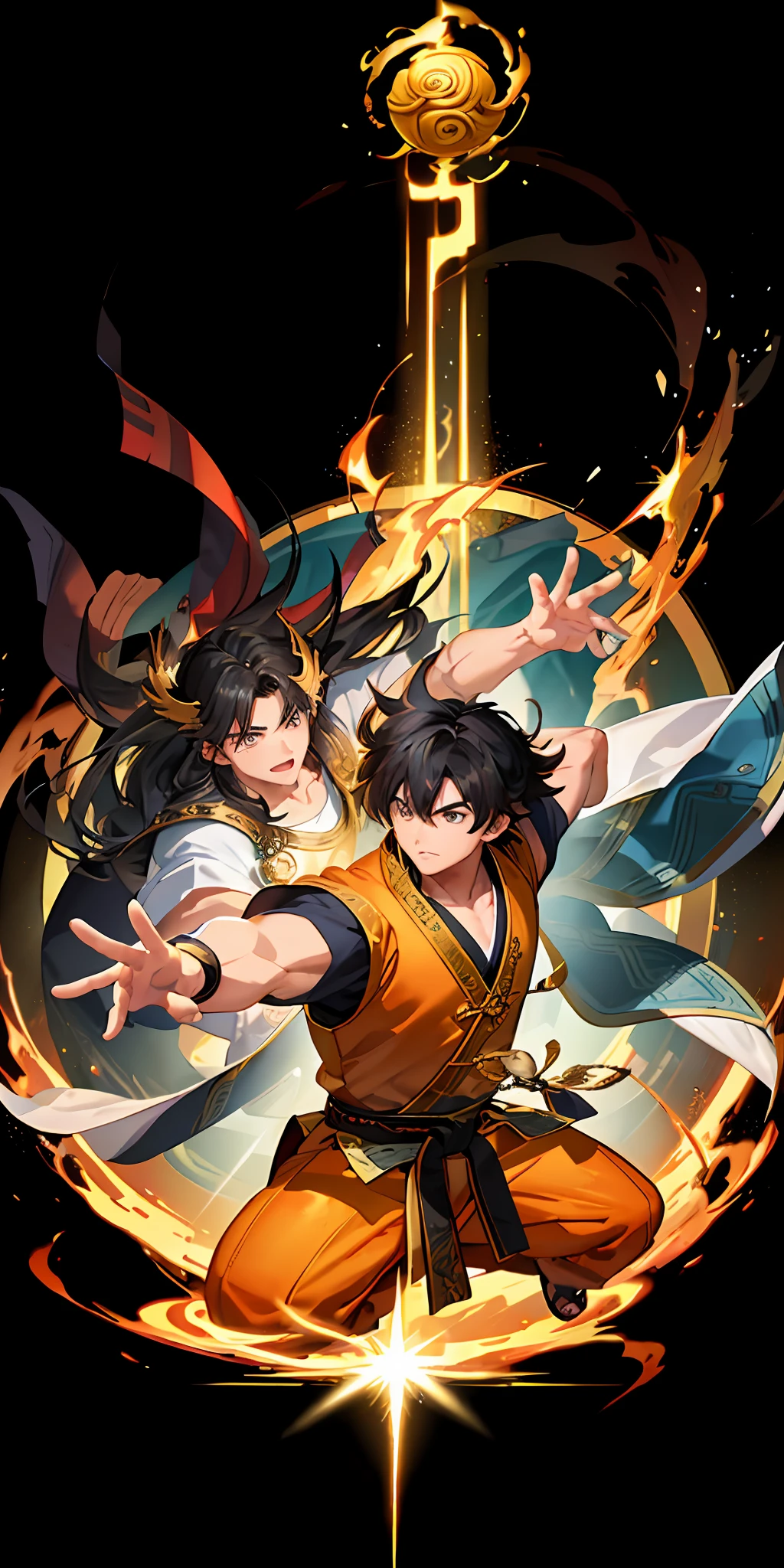 This is a carefully crafted and intricate fantasy portrait that depicts a strong and determined middle-aged male kung fu son goku with a huge golden spirit behind him and shiny black hair.