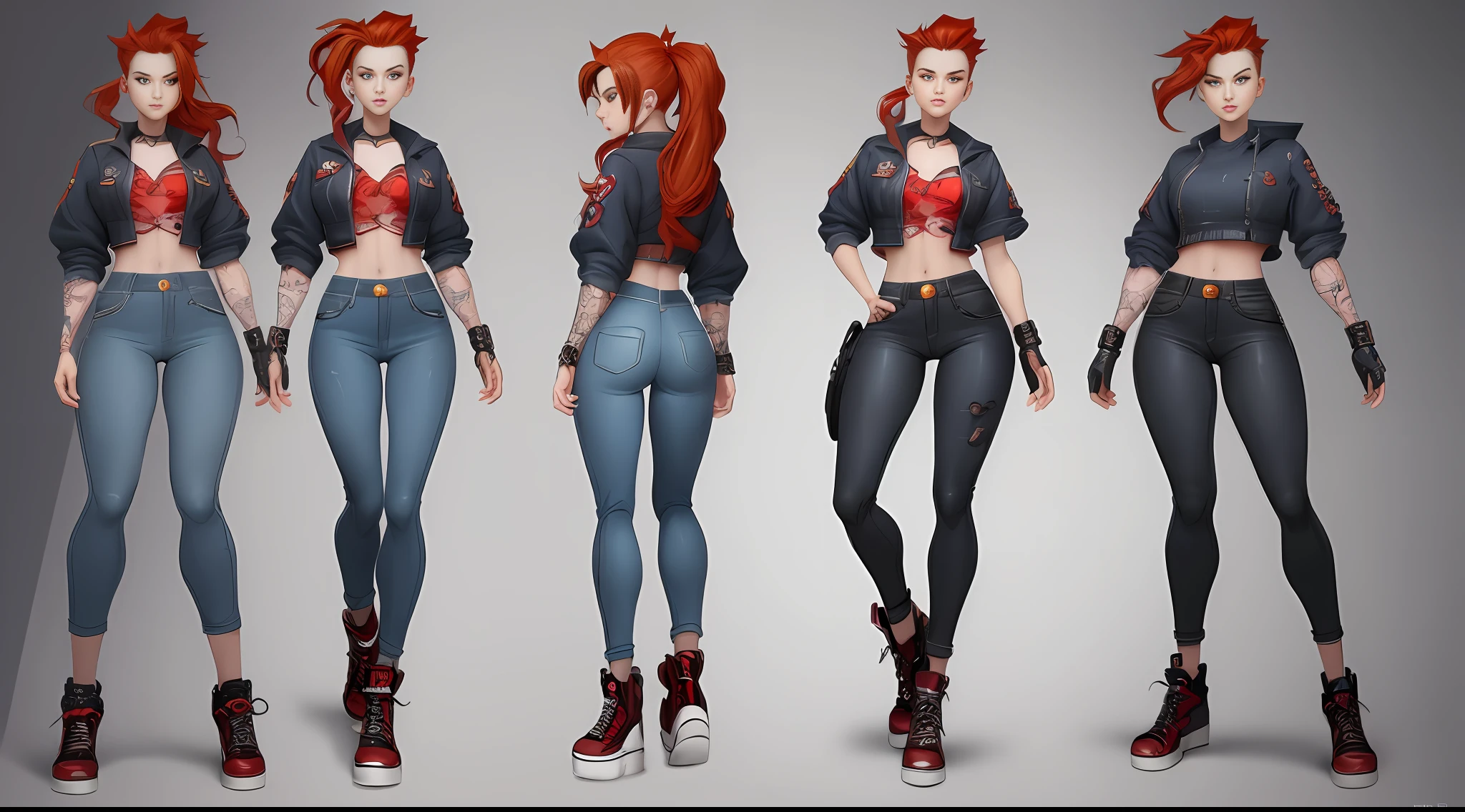cartoon of a woman with red hair and blue jeans with different poses, comic character design, highly detailed character design, unreal character concept, character turn, dressed in street artist style, 90's comic book character design, detailed character design, full body character design, small hip,  character design for animation, (front pose), (side pose), (back pose), different poses, character study, character posing for concept art, character illustration