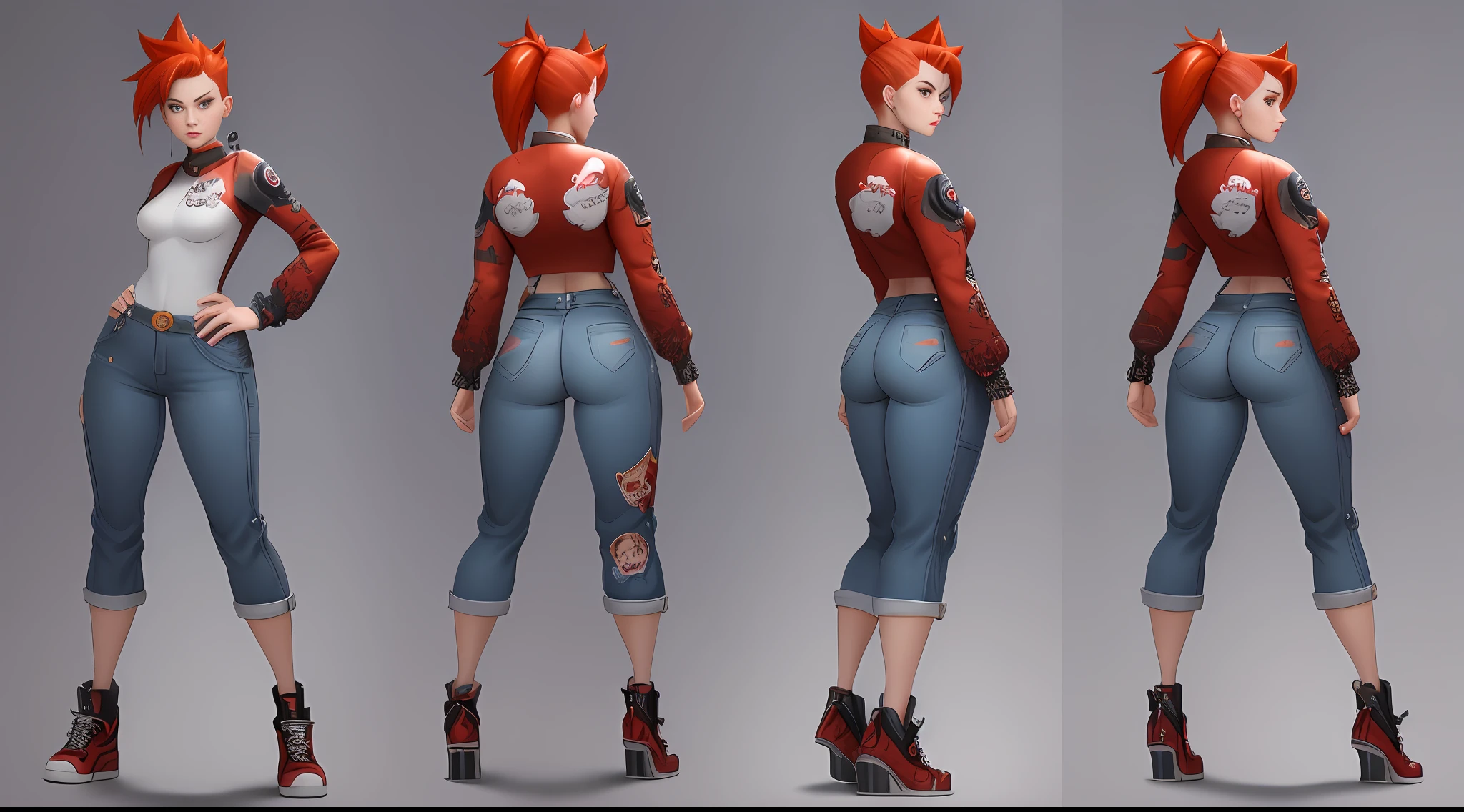 cartoon of a woman with red hair and blue jeans with different poses, comic character design, highly detailed character design, unreal character concept, character turn, dressed in street artist style, 90's comic book character design, detailed character design, full body character design, small hip, character design for animation, (front pose), (side pose), (back pose), different poses, character study, character posing for concept art, character illustration