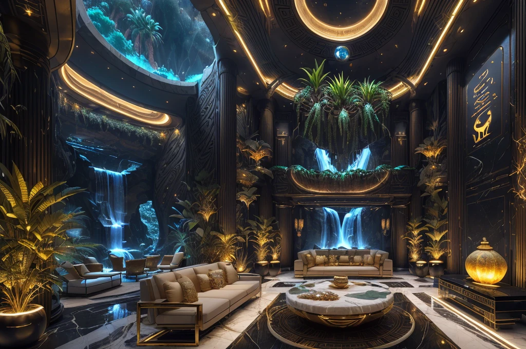 incredible luxurious futuristic interior in Ancient Egyptian style with many (((lush plants))) (lotus flowers), ((palm trees)), rocky walls, ((sand)), ((waterfalls)), (marble), ((precious minerals)), ((metals)), (gemstones), crystals, clouds and ((water)), (curvy luxury furniture), crocodiles, (hieroglyphics), (((ultra luxury))), (black marble) – with ((beautiful lights)), Unreal Engine, HQ, 16k