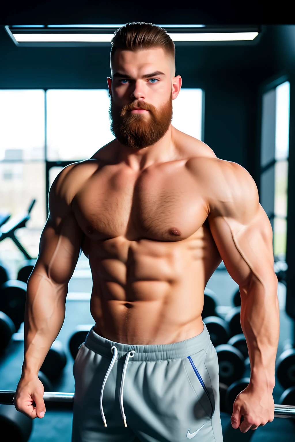 absurd, high quality, photorealistic, one man, bodybuilder, beard, detailed skin, white skin, interiors, sunlight, 8k uhd, dslr, grain film photo model, film photo, full body, standing, full body, buzz cut, (black eyes: 1.3), nice hair, (shirtless), soft natural light, ((in the gym)), ((masterpiece)), (best quality), (high resolution), highly detailed RAW color photo, extremely detailed, photorealistic, realistic, incredibly absurd, highly detailed, sharp focus, (Professional Studio Lighting), (Professional Color Grading), Edge Lighting, Dramatic lighting, Cinematic lighting, Lumen reflections, Soft natural lighting, Soft color, Photon mapping, Radiosity, (Beautiful eyes), (Detailed eyes), (Detailed face), symmetrical eyes, sharp eyes, cold face, full body