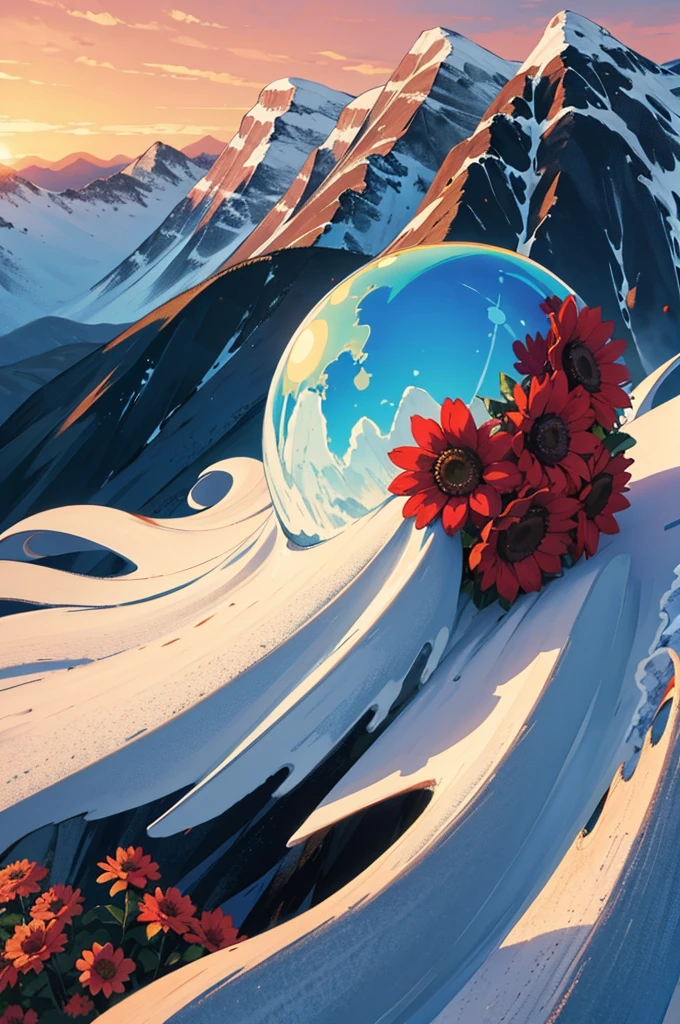 a giant flower with a mountain range in the background, Elemental Flowers