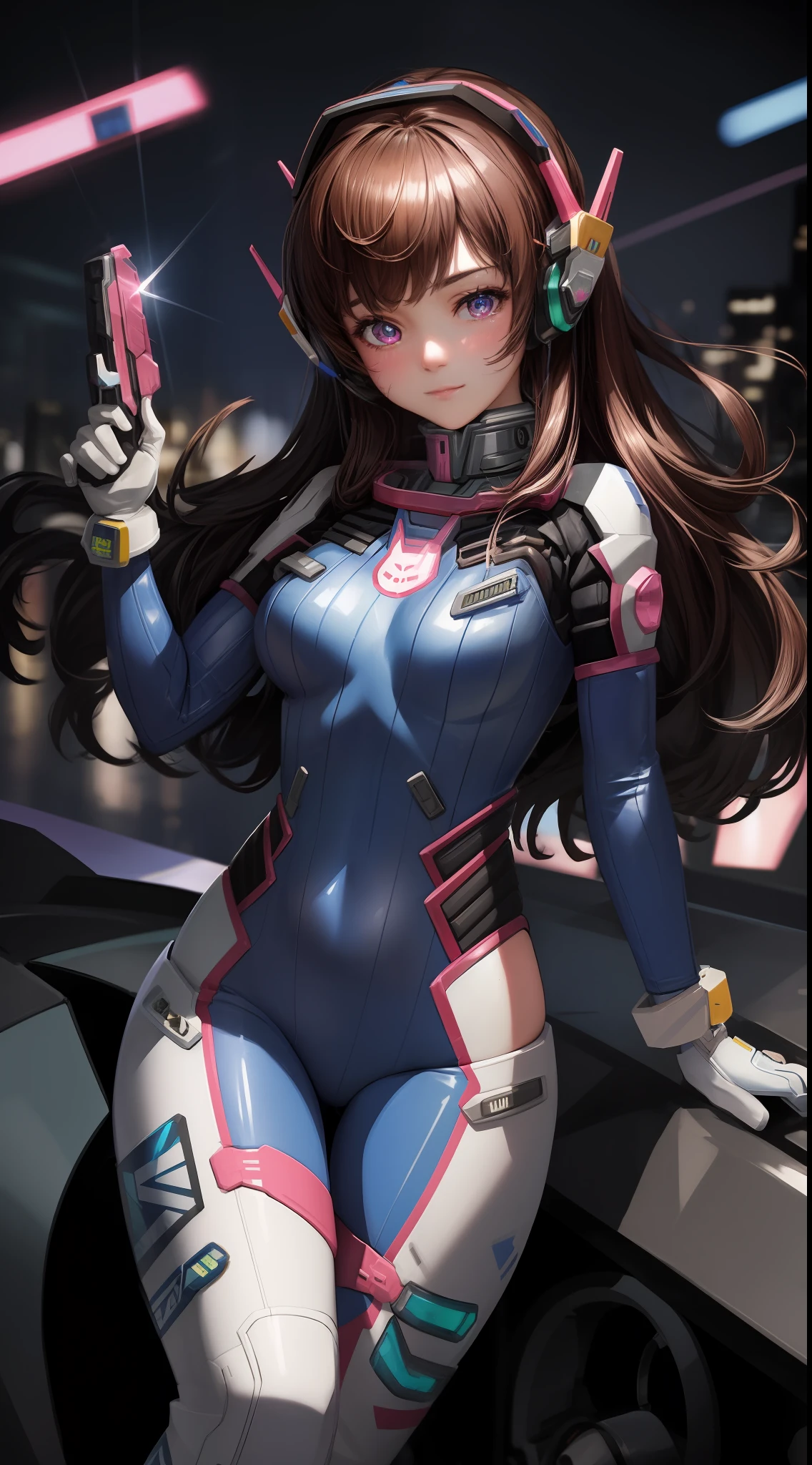 Masterpiece, Best Quality, High Resolution, 1Girl, Ultra High Resolution, Solo, Mecha Pilot, D.VA, Headphones, Pink Eyes, Cat Face Adornament, Blue Tights, Brown Hair, White Gloves, (Driver: Light Gun)