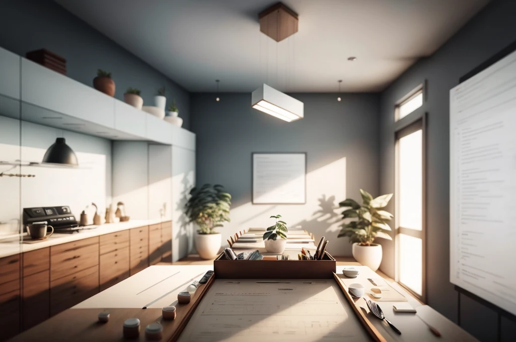 Interior design of modern style, realistic, photorealistic, 8K, strong light on meeting table