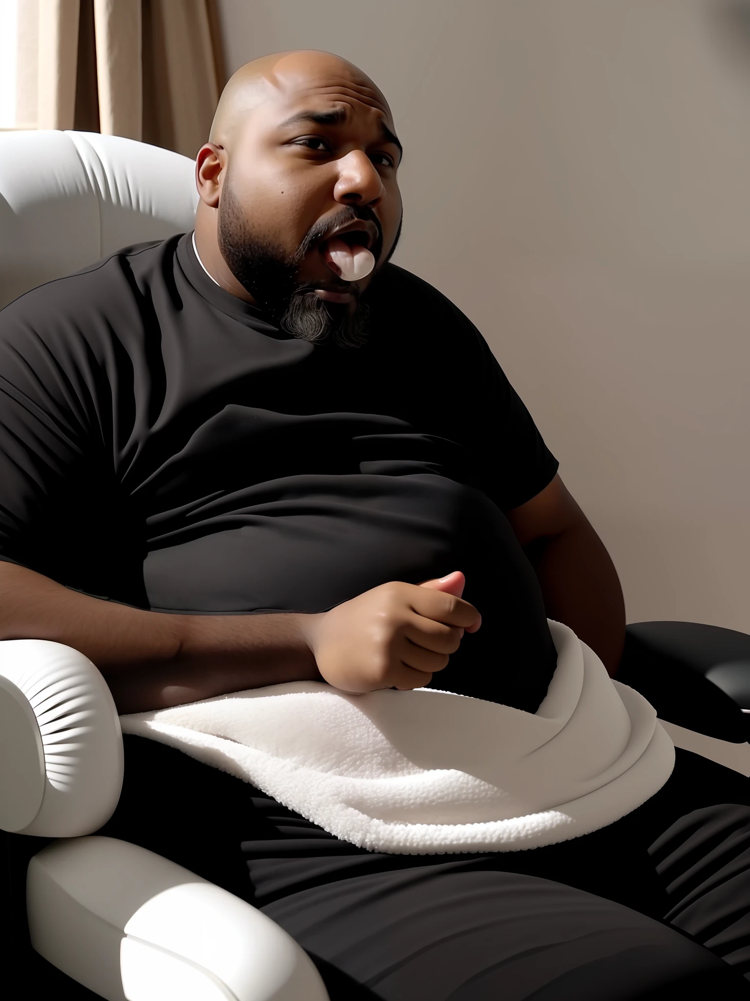 1 Fat, bald, bearded black man, sitting in a chair, sad face, dark room, head down, drooling through his mouth, he thinks he's sick