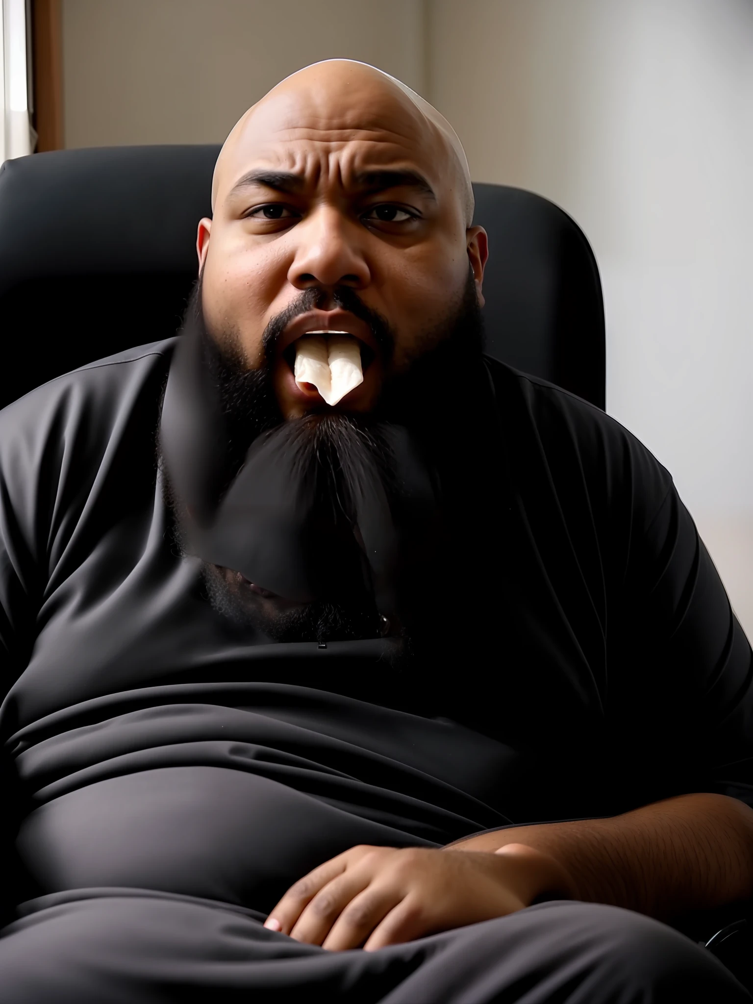 1 Fat, bald, bearded black man, sitting in a chair, sad face, dark room, head down, drooling through his mouth, he thinks he's sick