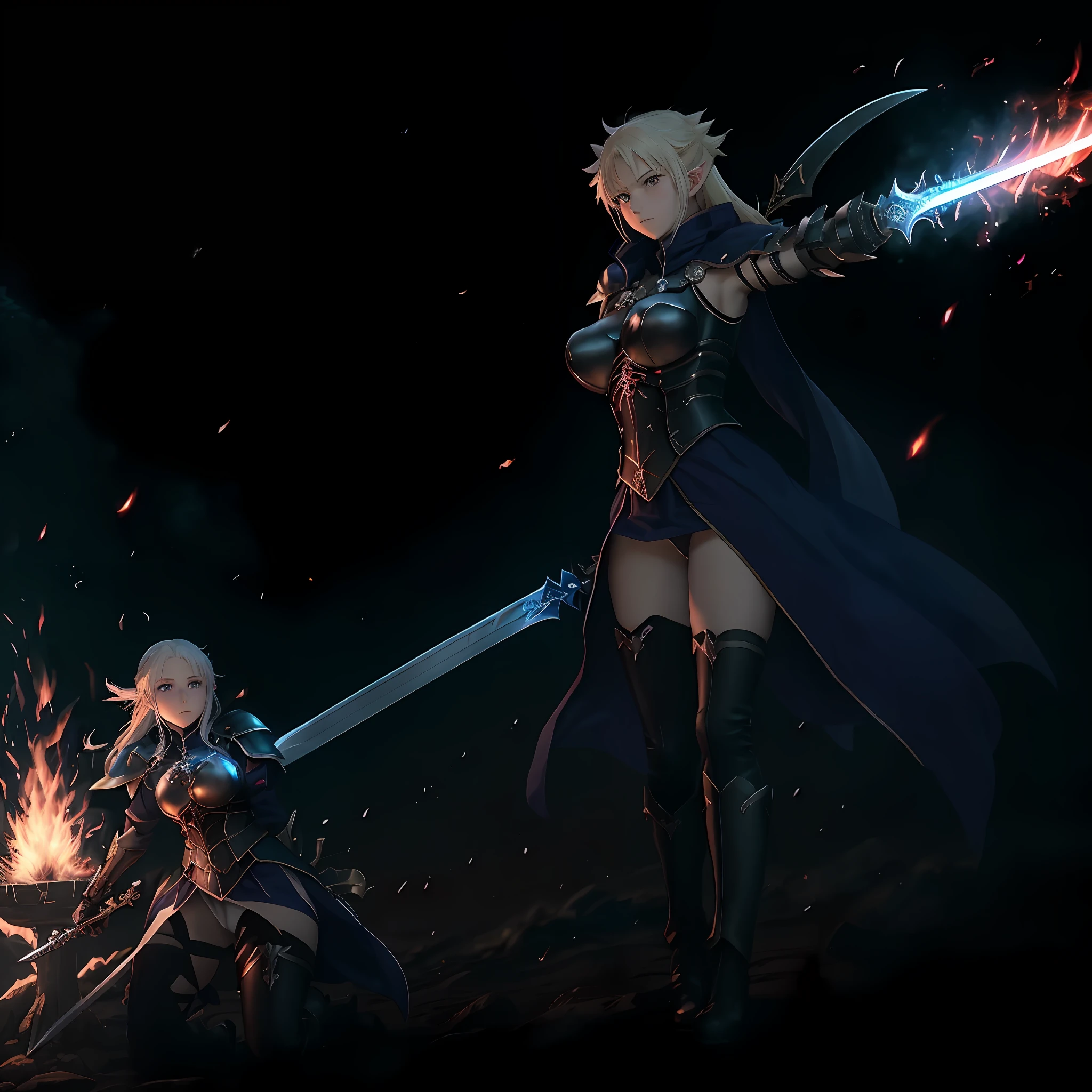 elf girl anime with sword in the fire with flames flying around her, artoria pendragon, fate zero, fate / stay night, fate / zero, fate stay night, anime style like fate / stay night, epic anime art, zerochan art, fate grand order, anime badass 8 k, by Yang J, zerochan, epic anime style, with big sword