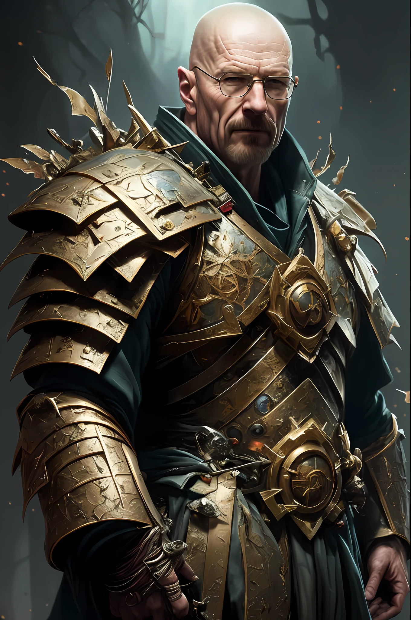 Walter White, (Detailed Illustration: 1.3) of (Painting: 1.3) A (Full Body: 1.3) Shot in 8k resolution, splatter art, dreamy comic book style, realistic, intense look, anatomically realistic digital painting portrait, Human (warrior: 1.3) black and gold complex (heavy armor: 1.3) in (dark and moody universe: 1.3), light particles, very detailed skin, samurai, very detailed eyes, (elden ring style: 1.3), (warhammer style: 1.1), concept artist, global illumination, depth of field, splash art, artgerm and art by greg rutkowski and viktoria gavrilenko