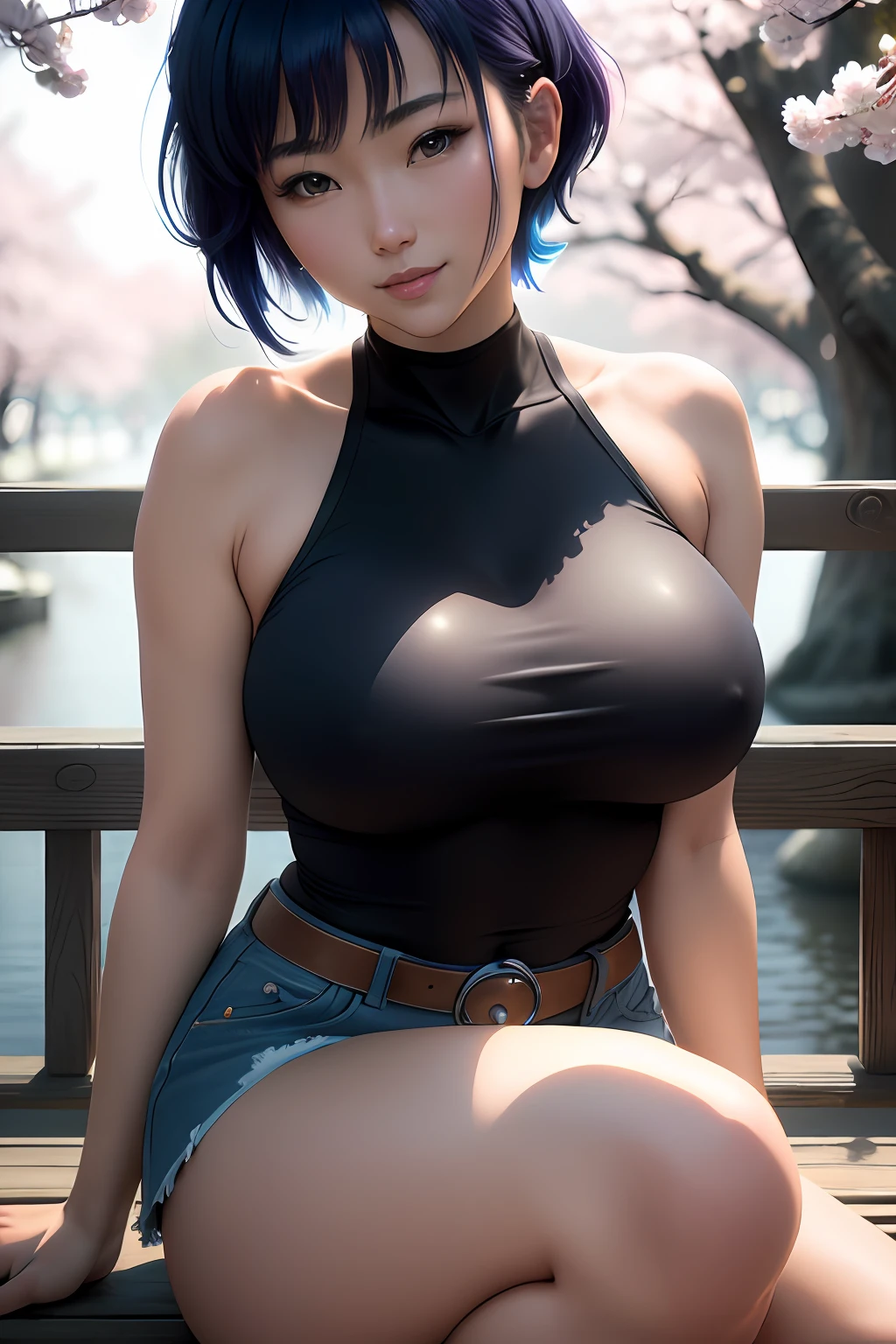 ((best quality)), ((masterpiece)), (detailed), ultra-detailed, best shadow, high contrast, (best illumination, an extremely delicate and beautiful), ((cinematic light)), intricate details, 1girl, Motoko Kusanagi, 8k uhd, medium breasts, short blue hair, ponytail, black tshirt,, denim shorts, smile, Japan, hanami, park, sakura tree, close up portrait