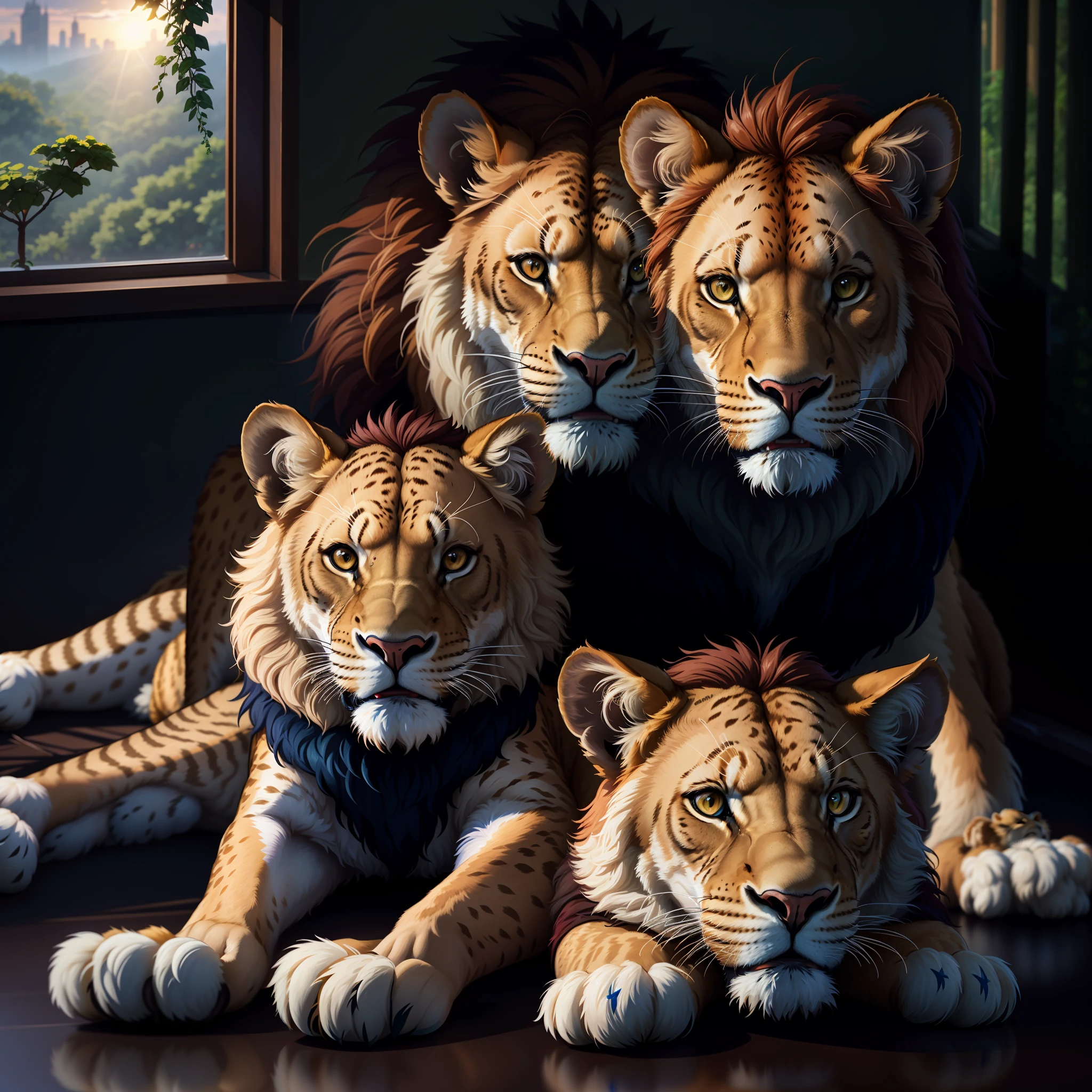 three lions male, female, cub lying in front of a window overlooking the jungle, realistic illustration, family portrait, realistic scene, extremely realistic, ultrarealistic illustration, lions, realistic image, by Thomas Dalziel, by Adam Marczyński, high quality portrait, ultrarealistic illustration, by Aleksander Gierymski, mane