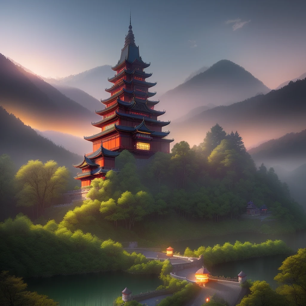 a landscape, a chinese castle, surrounding forest, night, dusk, dynamic lights, pixar, pre-rephaëlite painting, cinematic lighting, motion blur, anaglyph, lens flare, overexposure, bokeh, super detail, high details, high quality