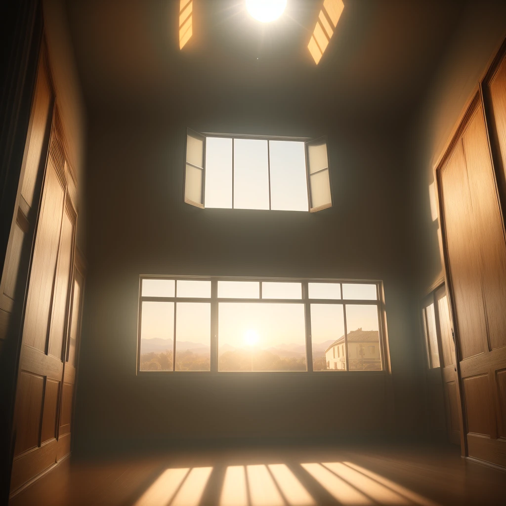 (Professional Cinema Lighting), (High Quality Panoramic View), (Cine Shot: Face the Sun), (Wide Angle Shot), (Vivid Color), (Dramatic Contrast)
An average house, wooden furniture, many paintings on the walls, dust, and tall windows