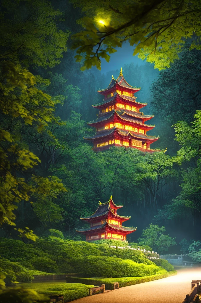 a landscape, a chinese castle, surrounding forest, night, dusk, dynamic lights, pixar, pre-rephaëlite painting, cinematic lighting, motion blur, anaglyph, lens flare, overexposure, bokeh, super detail, high details, high quality