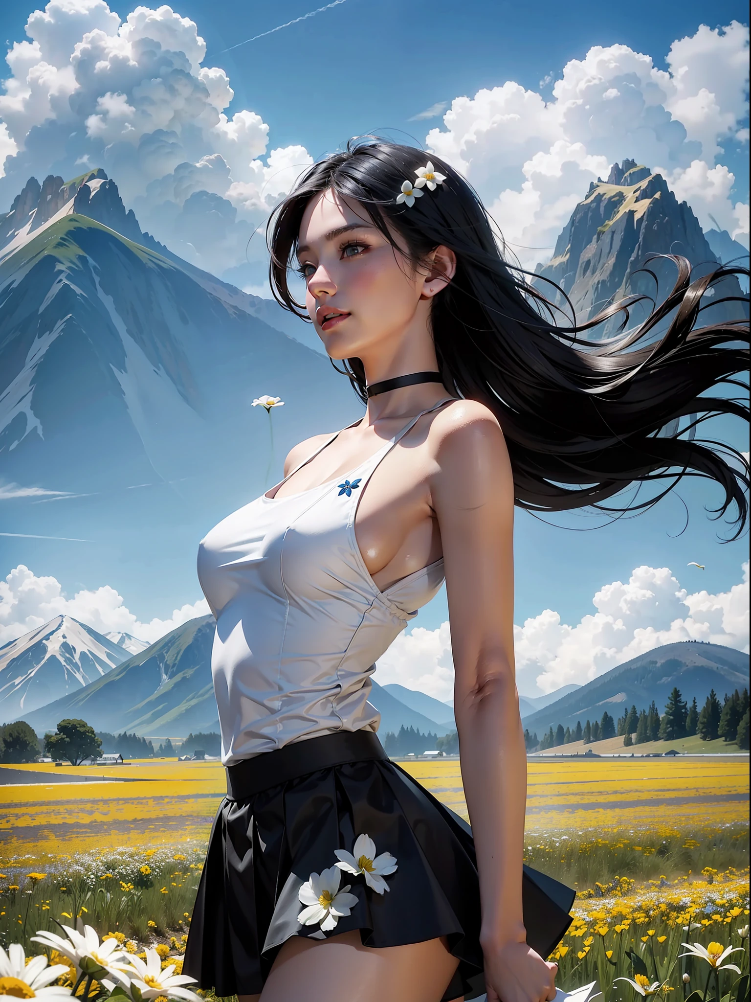 1woman (white skin, choker, black hair, small boobs), dynamic angle, cloud and mountain, (flower field:1.4) in foreground, highschool short skirt uniform, light stroke, (floating colored wind:1), holding the hair UP high arms UP armpit.
(photorealistic: 1.4), official art, unity 8k wallpaper, ultra detailed, beautiful and aesthetic, masterpiece, best quality, bright skin, cinematic lighting, light smile