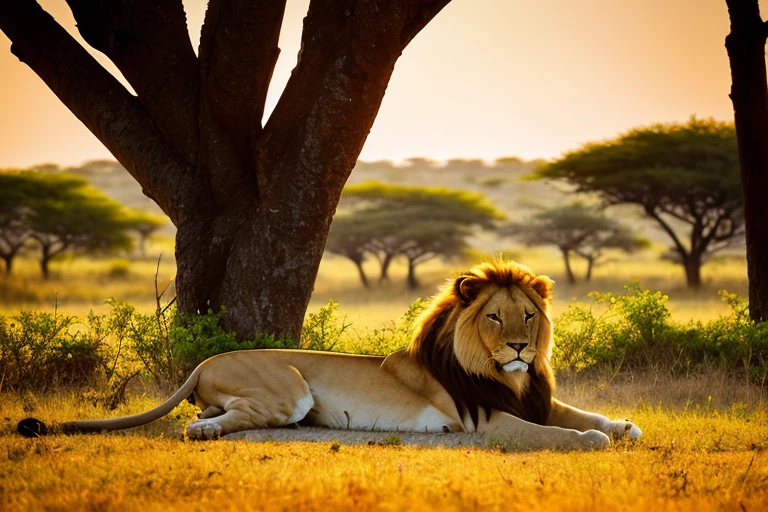 Majestic lion laying under a accacia tree in a savanna. Sunset. Epic birds fly around