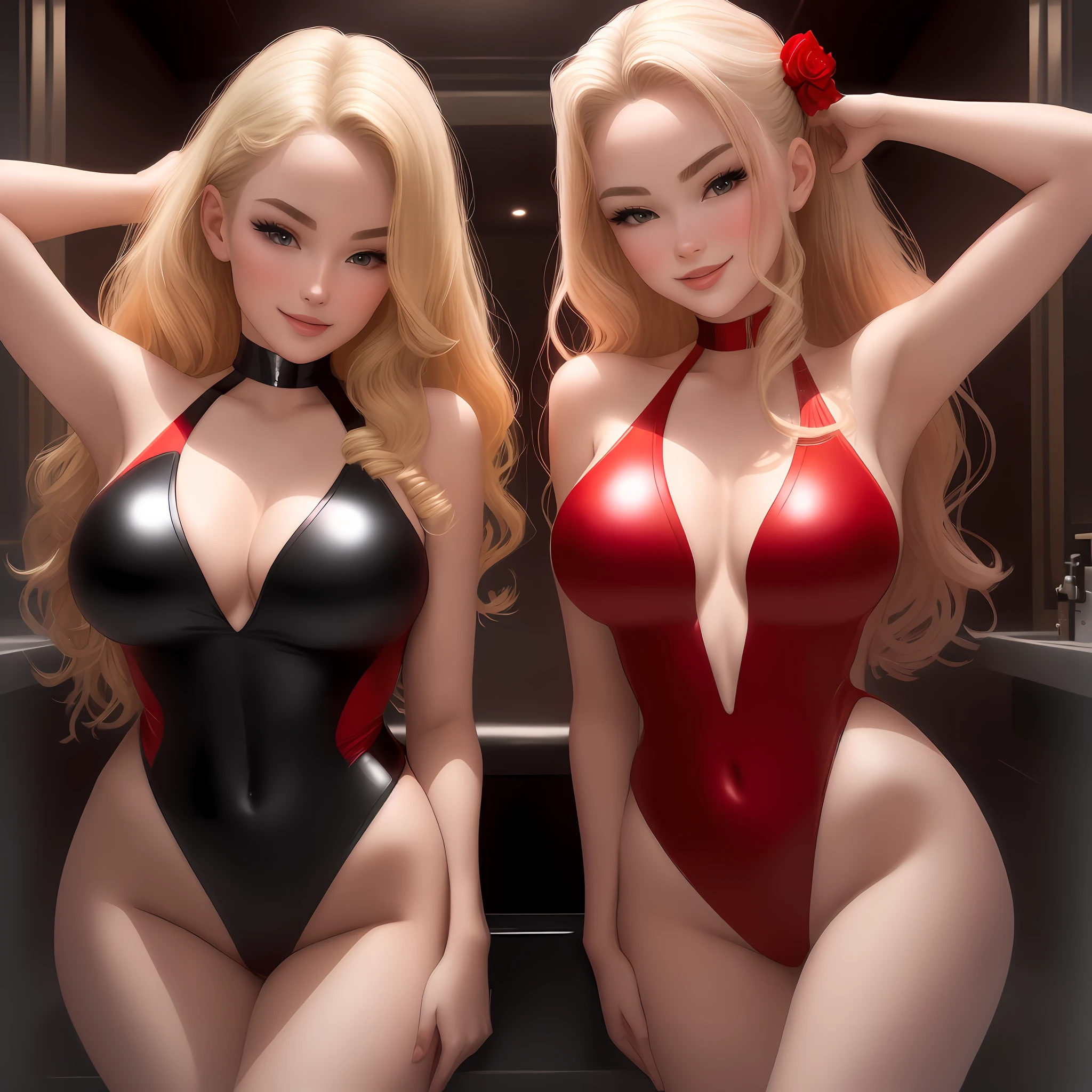 2 sexy girl, one red swimsuit, one black swimsuit, night, mansion bathroom, lots of vapor, looking up to you, hand behind head, smooth hairstyle, seductive smile, cute eyes, blond and brow hair color, big boobs, cool ass