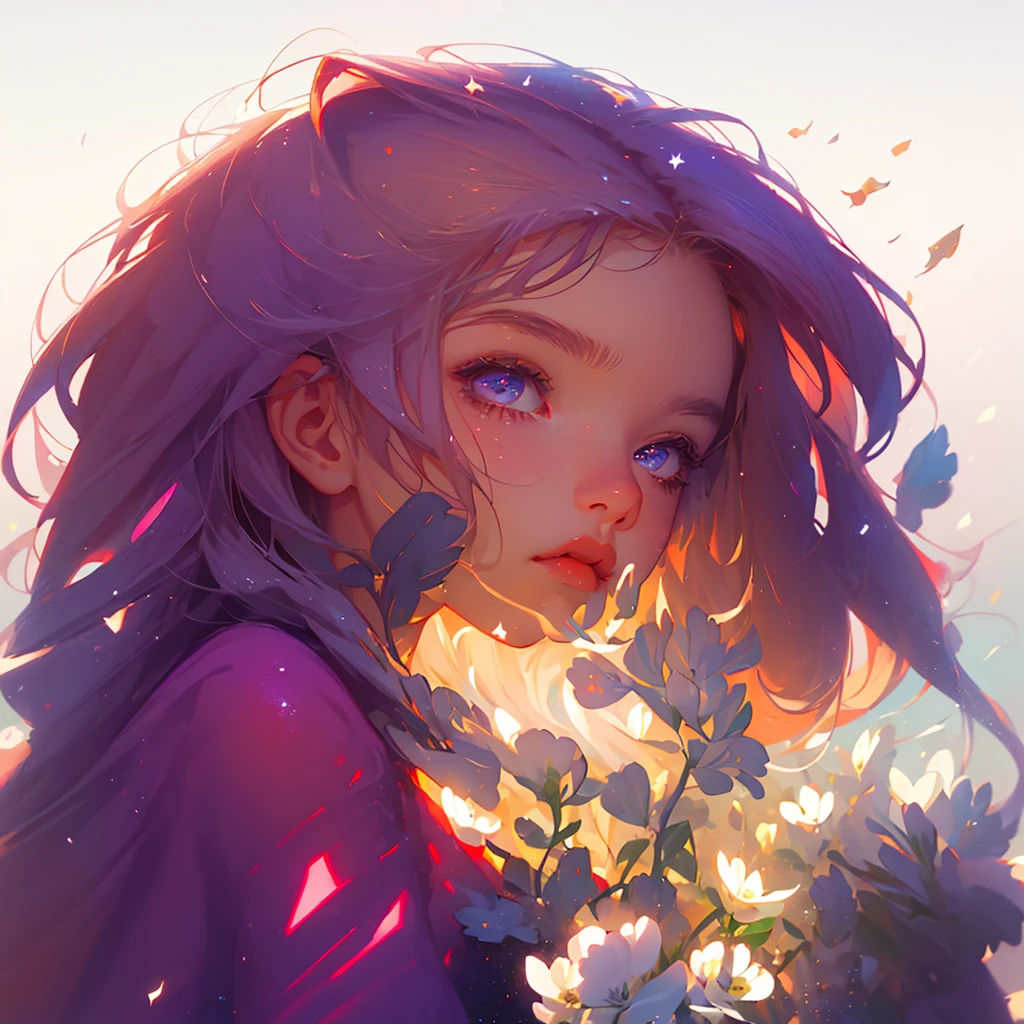 (best quality, masterpiece), 1girl, pose, particle, wind, flower, upper body, simple background, looking at viewer, blonde, galaxy,