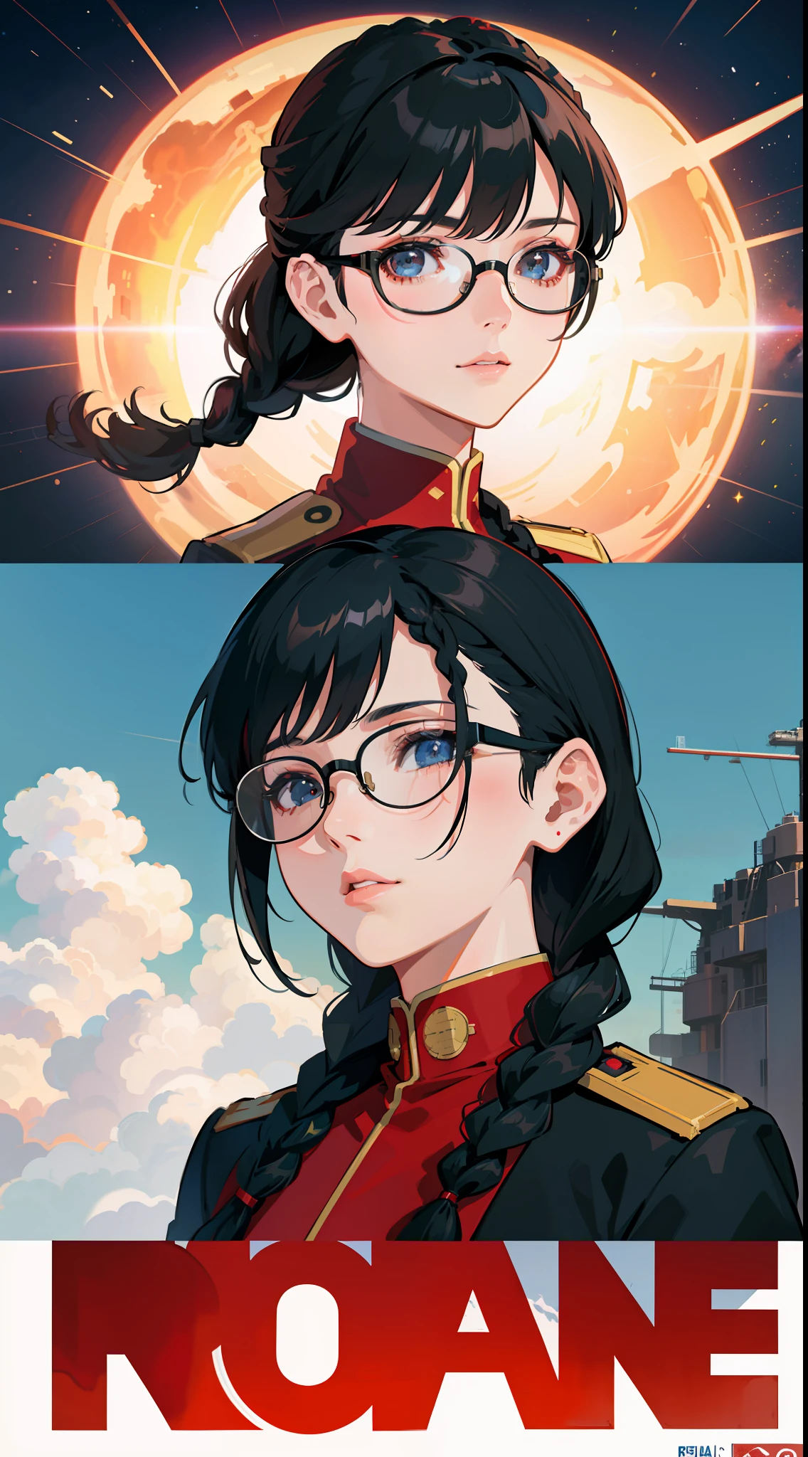 Movie Poster,Anime Reference 86 ,Science Fiction,Sci-Fi,Movies,War Action Movies,Multiple Characters,Women,Adults,Black Hair,(Pia bangs hairstyles : 1.8 ),wearing red glasses,general's uniform,white commander uniform,realistic face details,realism,3d face,((braided hairstyle)),((braided hairstyle)),