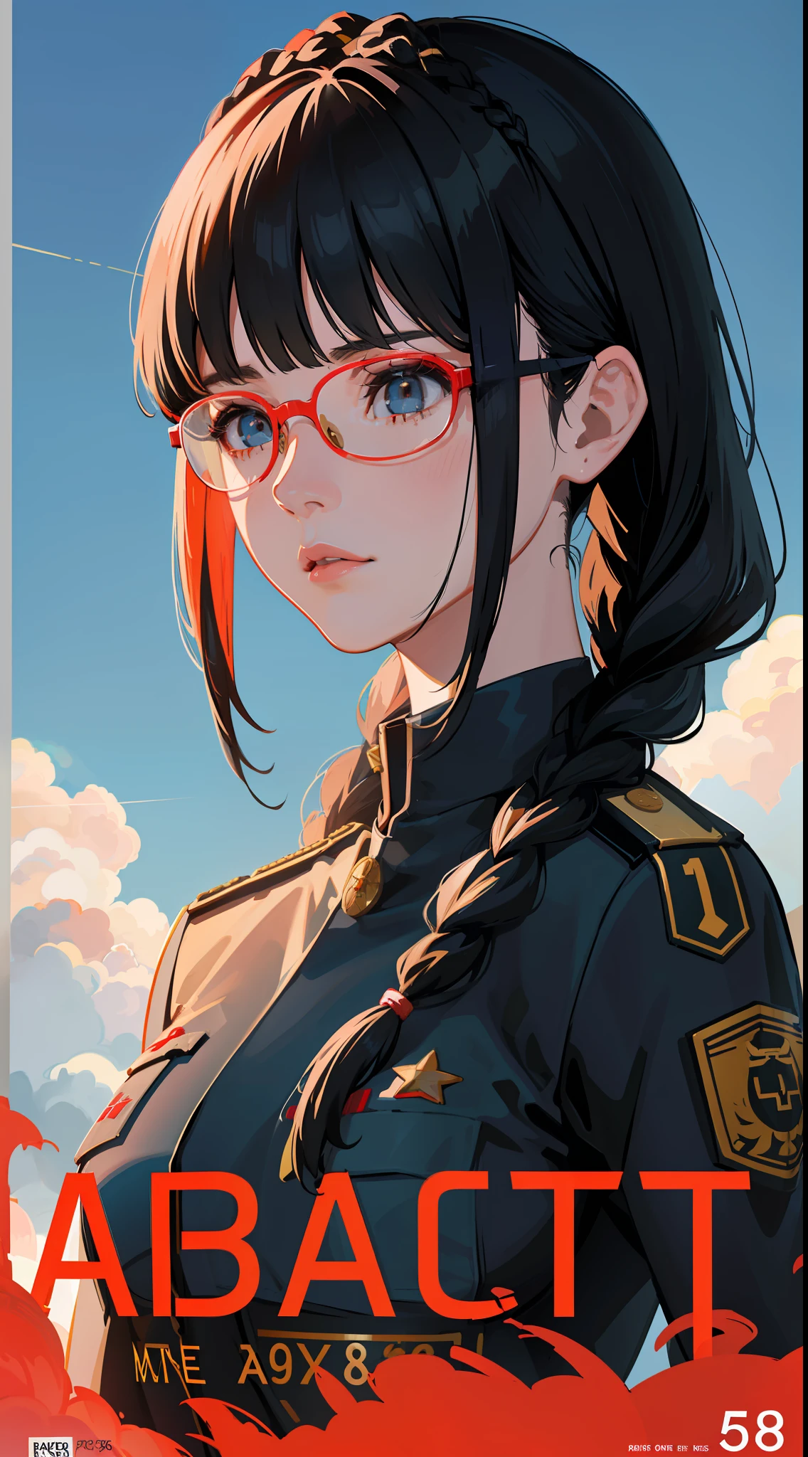 Movie Poster,Anime Reference 86 ,Science Fiction,Sci-Fi,Movies,War Action Movies,Multiple Characters,Women,Adults,Black Hair,(Pia bangs hairstyles : 1.8 ),wearing red glasses,general's uniform,white commander uniform,realistic face details,realism,3d face,((braided hairstyle)),((braided hairstyle)),