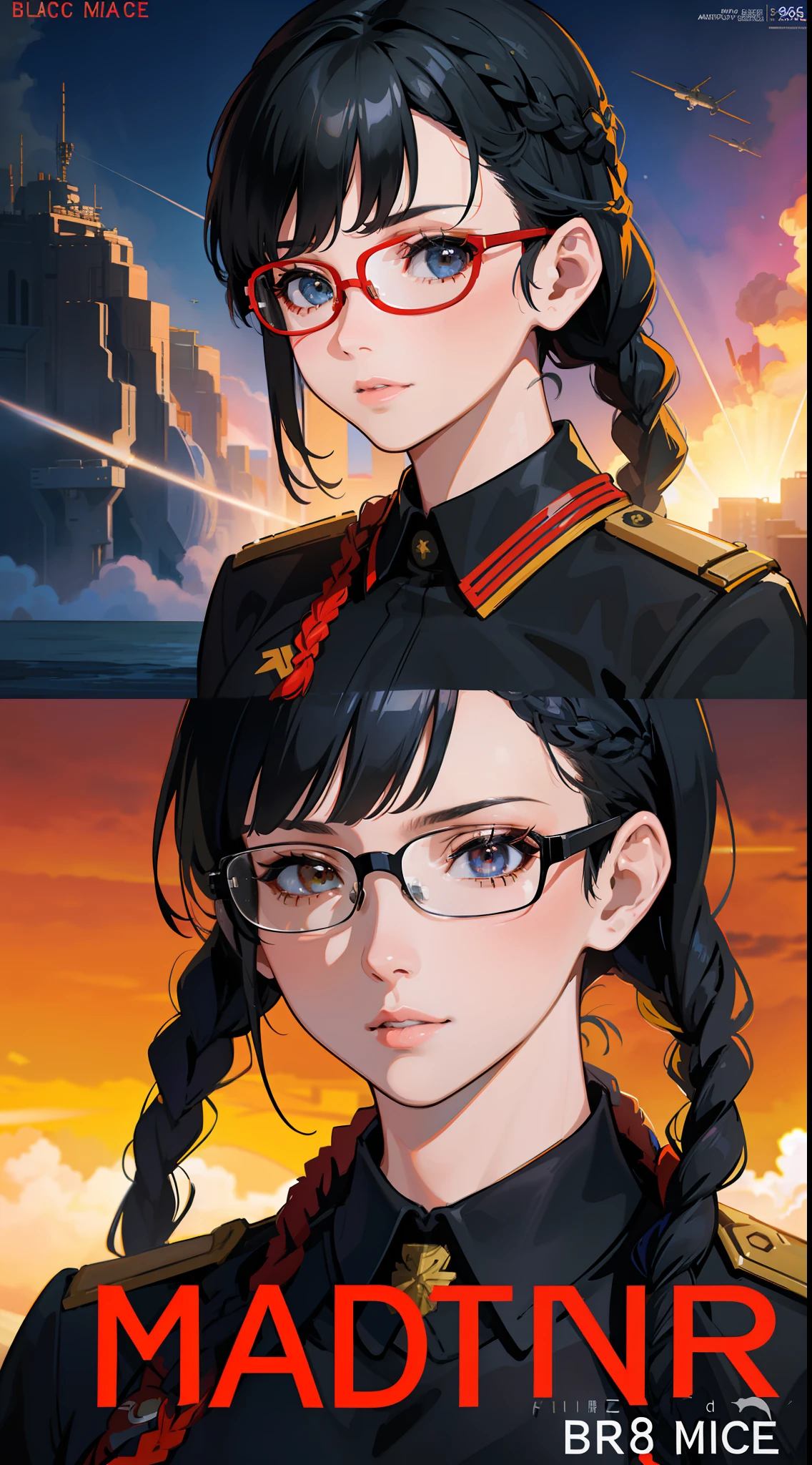 Movie Poster,Anime Reference 86 ,Science Fiction,Sci-Fi,Movies,War Action Movies,Multiple Characters,Women,Adults,Black Hair,(Pia bangs hairstyles : 1.8 ),wearing red glasses,general's uniform,white commander uniform,realistic face details,realism,3d face,((braided hairstyle)),((braided hairstyle)),