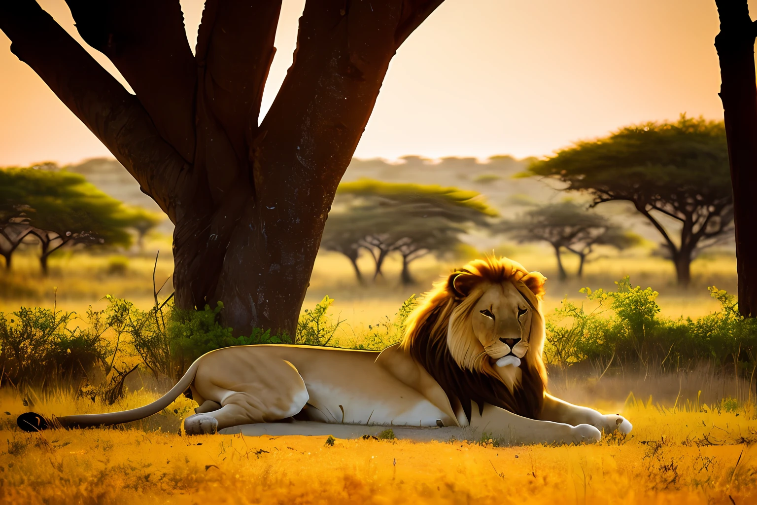 Majestic lion laying under a accacia tree in a savanna. Sunset. Epic birds fly around