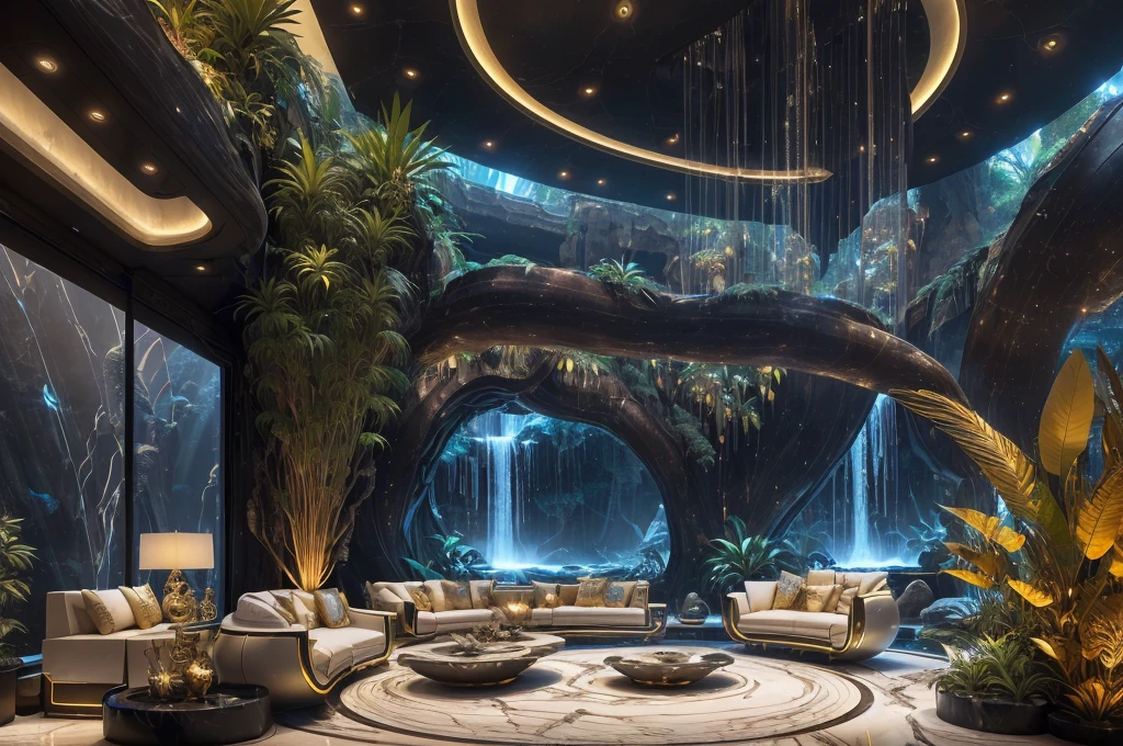 incredible luxurious futuristic bedroom interior in Ancient Egyptian style with many (((lush plants))) (lotus flowers), ((palm trees)), rocky walls, ((sand)), ((waterfalls)), (marble), ((precious minerals)), ((metals)), (gemstones), crystals, clouds and ((water)), ((curvy luxury furniture)), crocodiles, (hieroglyphics), (((ultra luxury))), (black marble) – with ((beautiful lights)), Unreal Engine, HQ, 16k