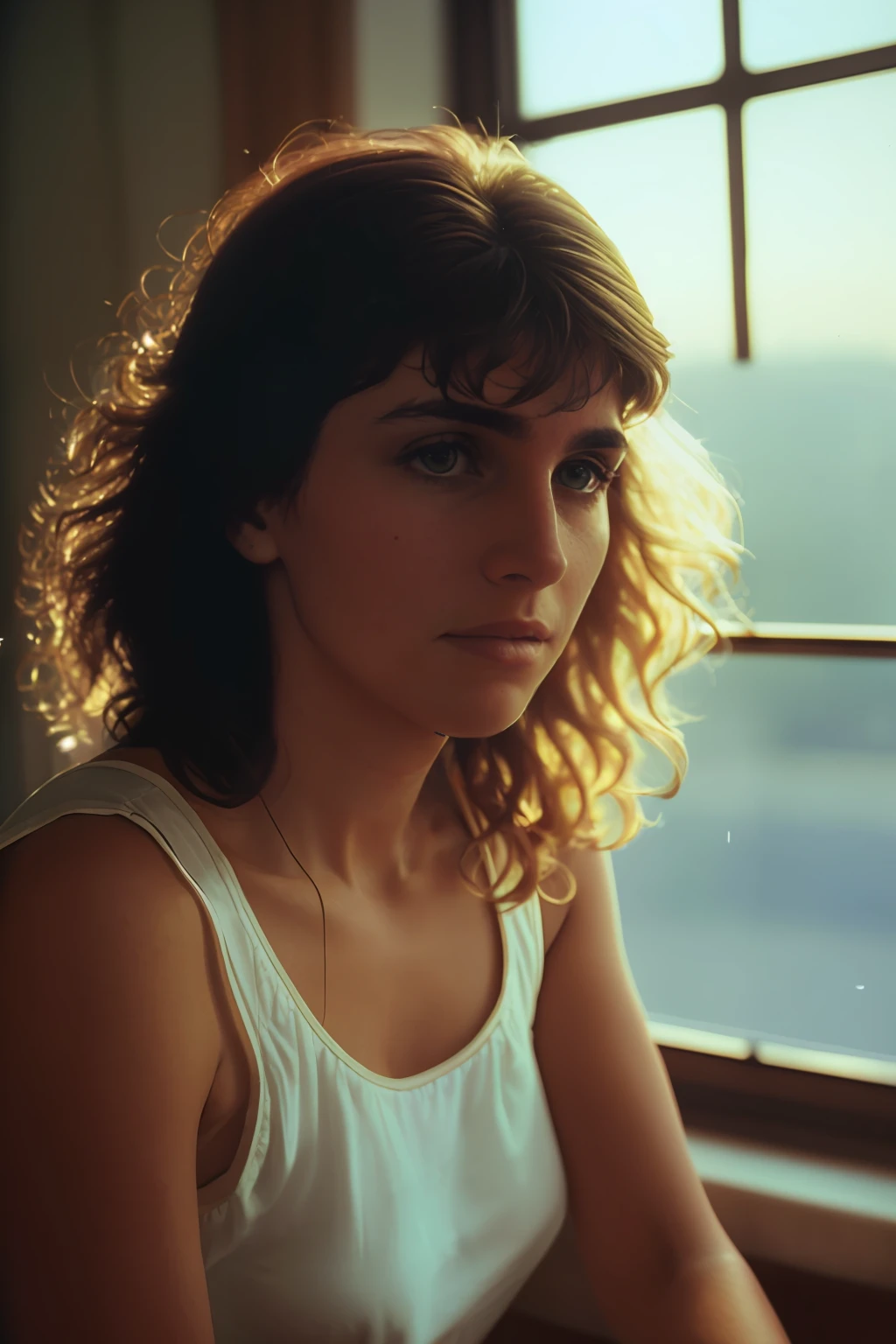 Photo of a sad woman in Brazil in the early 1980s, portrait, 50mm, beam of sunlight through window, slightly raised central angle.