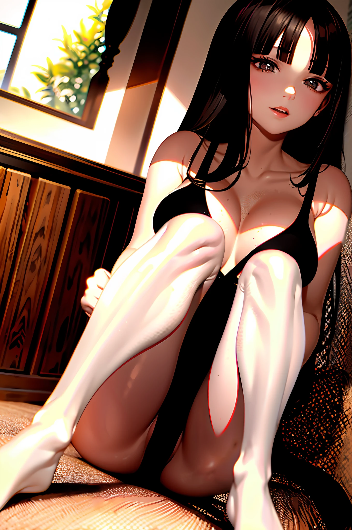 best quality, masterpiece, girl, Dark hair, dark eyes, home, sun shining, shiny skin, sun flare