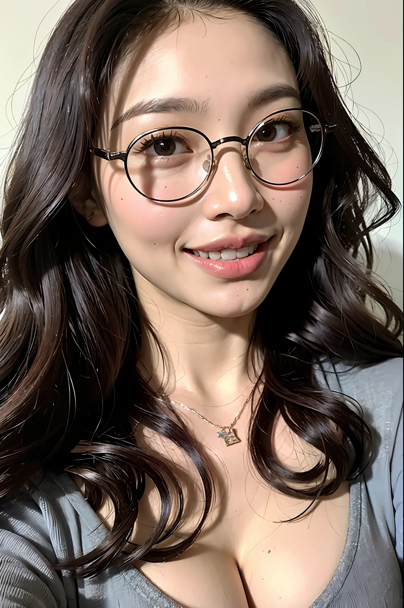 (8k, best quality, masterpiece, ultra high resolution: 1.2) Photo of the beautiful black Brazilian, curly hair, big eyes, (detailed_face), wide smile, round glasses, tight black shirt, selfie, big breast : 1.3