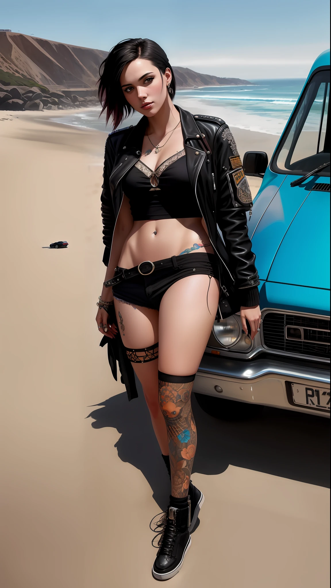 photo of the most beautiful artwork in the world featuring  a modern punk woman, leaning against a van on a California beach, trending on ArtStation, CGSociety, Intricate, High Detail, Sharp focus, dramatic, photorealistic painting art by greg Rutkowski