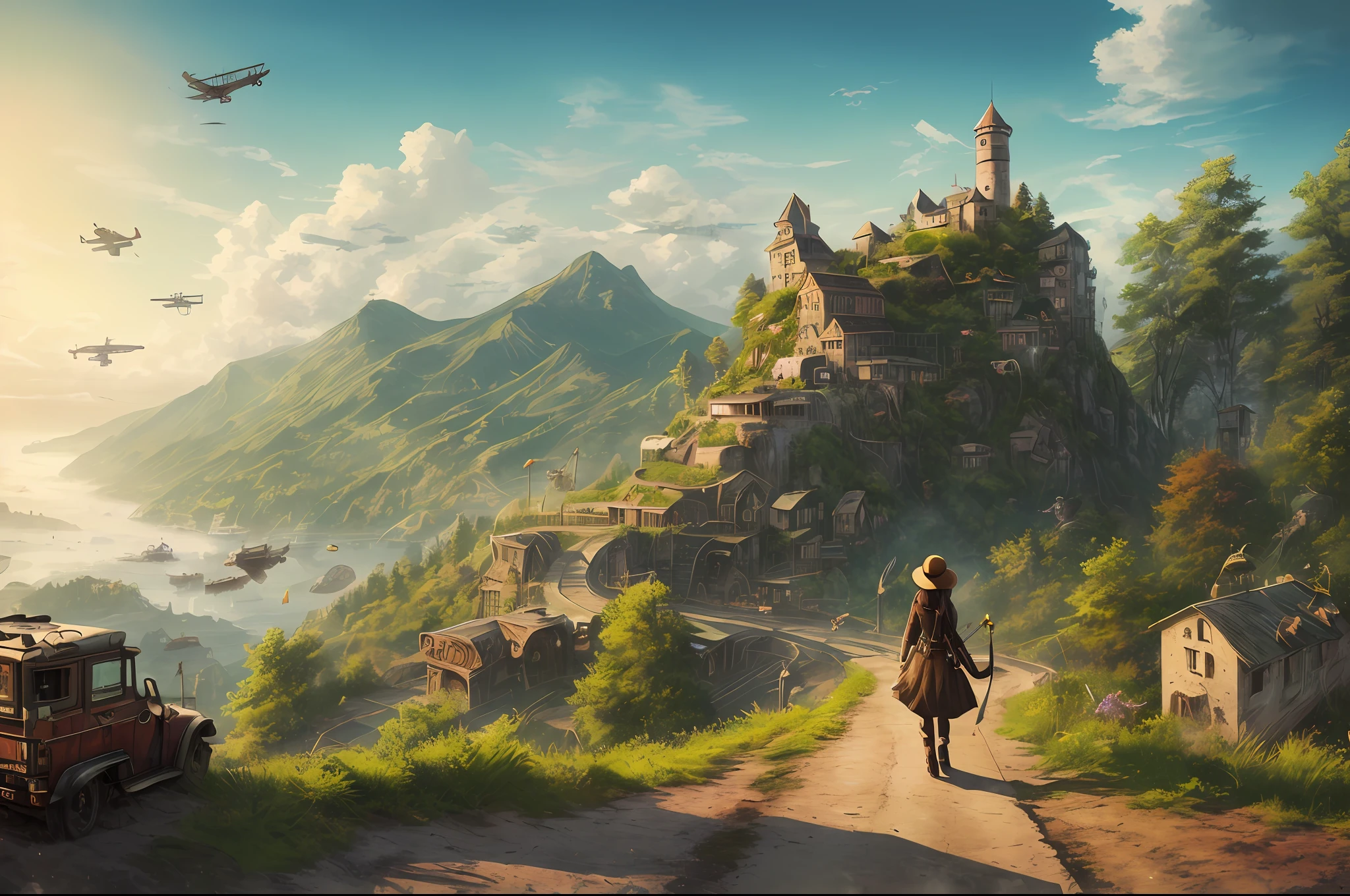 (best quality), ((masterpiece)), (highres), illustration, original, extremely detailed wallpaper, cloud, scenery, sky, outdoors, mountain, tree, landscape, fantasy, aircraft, smoke, 1girl, day, house, airship, tower, ground vehicle, building, windmill, grass, 1boy, blue sky, no humans, solo, chimney, nature, hill, plant, motor vehicle, hat, goggles, weapon, cloudy sky, robot, cliff, bird, train, city, ruins, short hair, floating island, flag, sign, steampunk, science fiction, long hair, stairs, bridge, brown hair, flying, town, watercraft, gun, dragon, power lines, sun, sitting, clothesline, multiple boys, forest, steam, signature, road, ladder, standing, overgrown, sword, cannon, ship, window, flower, cityscape, green theme, cat, multiple girls, water, airplane, black hair, lantern, mecha, crane (machine), ocean, castle, dog, clock, mountainous horizon, sunset, creature, smoking, machinery, animal, goggles on head, horizon, bush, 2girls, industrial pipe, radio antenna, dress