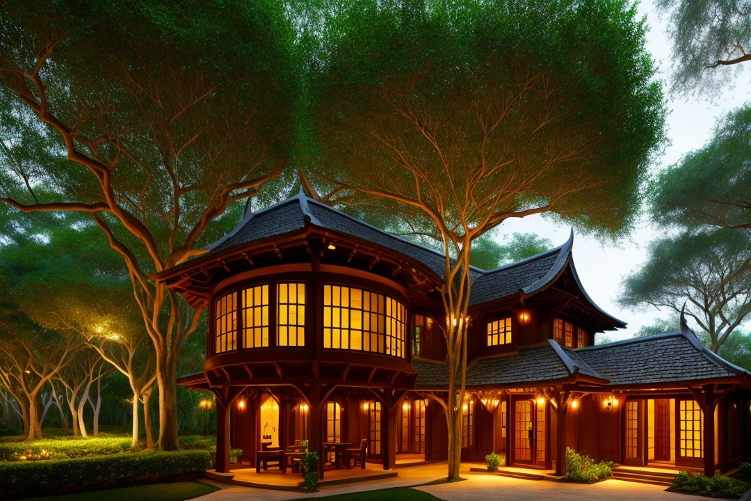 banyan tree house Celtic influence realistic singular with firefly lights
