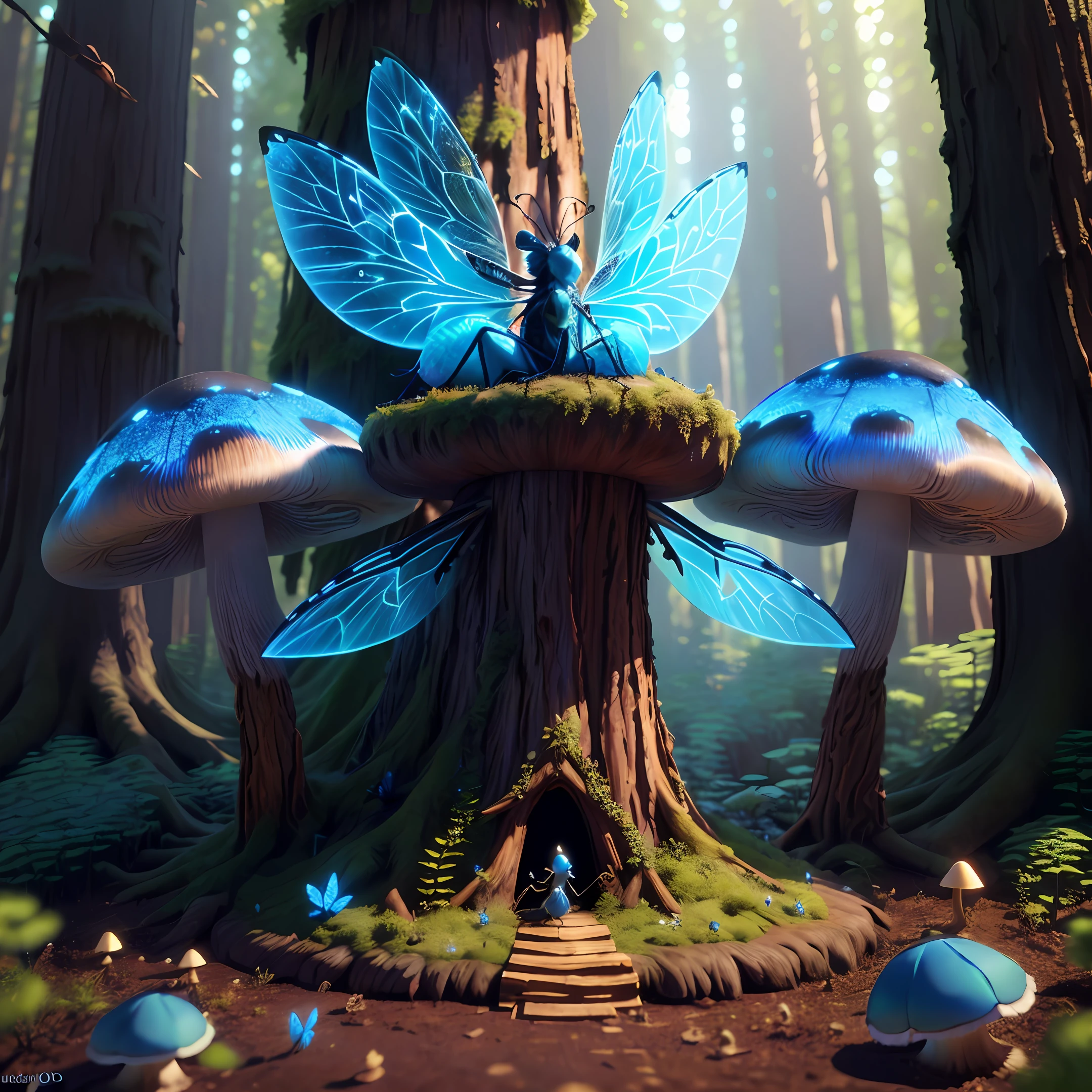 Fantasy, 3D, good quality, Hallowed out redwood tree taken over by ants, mushrooms on the side, fairy lights on the bottom, small blue dragonfly on the top