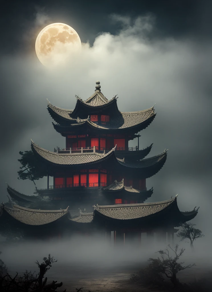 Night OR cloudy, Ceiling frescoes, chinese Ink wash painting, Viewing from below, super perspective,scatter perspective, infinite extension of the sky, foggy, clouds, fantastical compositions, neon amber moon, mystical realms, floating forest, fog, cloud, massive tree trunks, golden translucent foggy rainy, intricate, balanced composition with appropriate tension and density, evocative, decent poses, extrme low shot, 32k UHD, Megapixel, Backlight, Volumetric, Unreal Engine