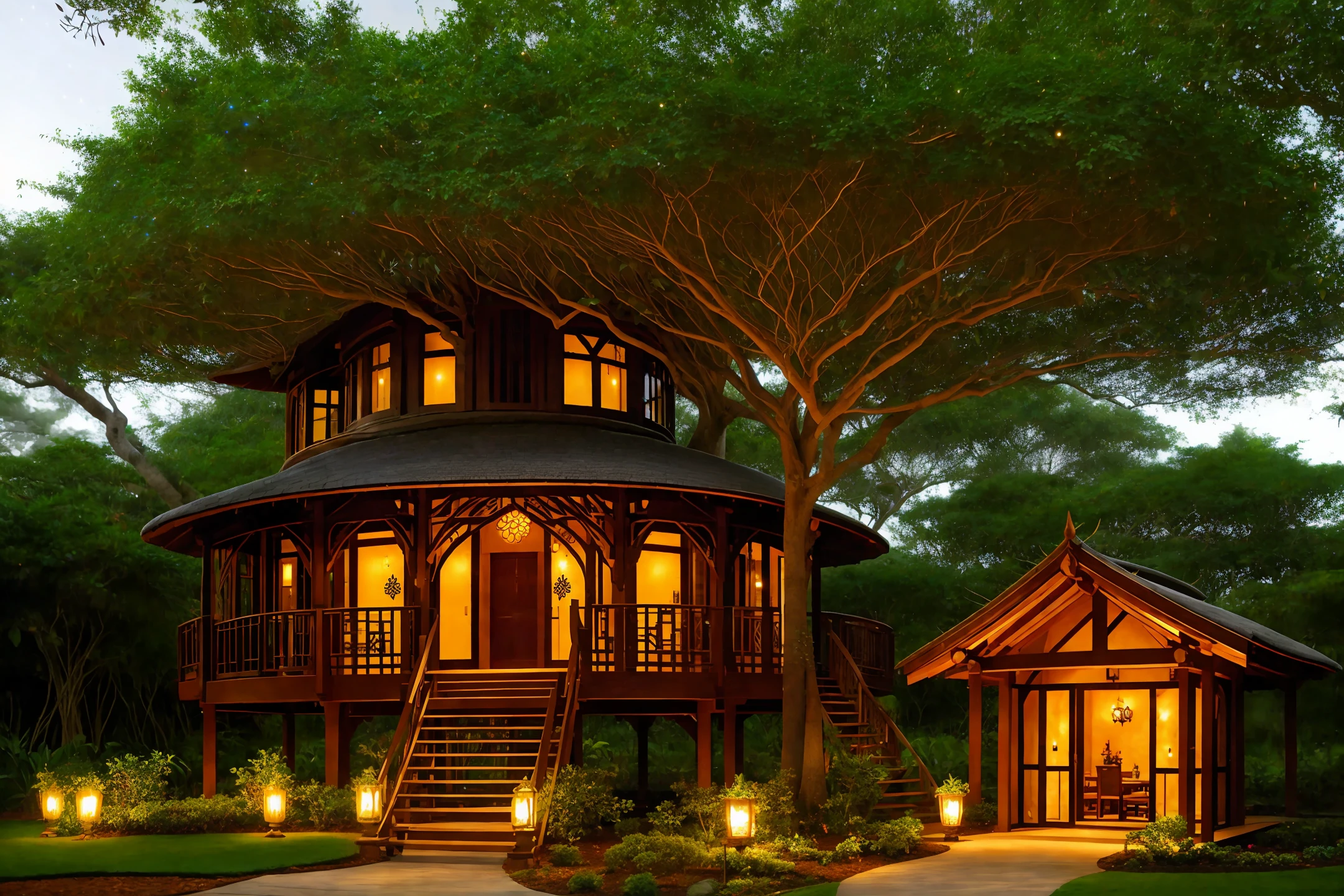 banyan tree house Celtic influence realistic singular with firefly lights