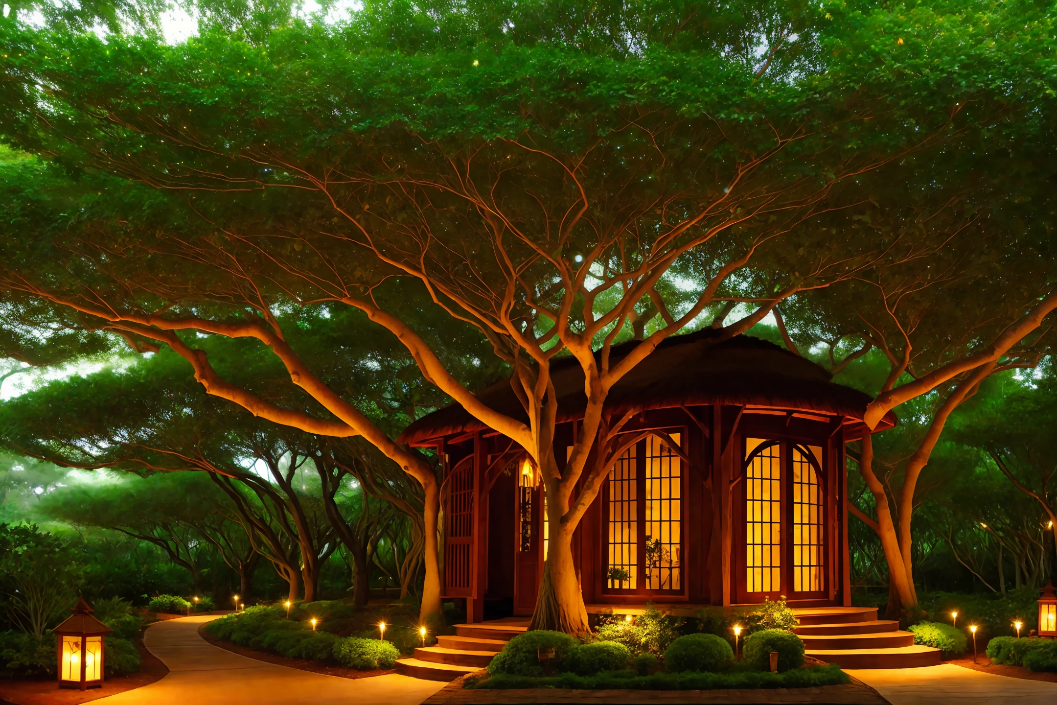 banyan tree house Celtic influence realistic singular with firefly lights