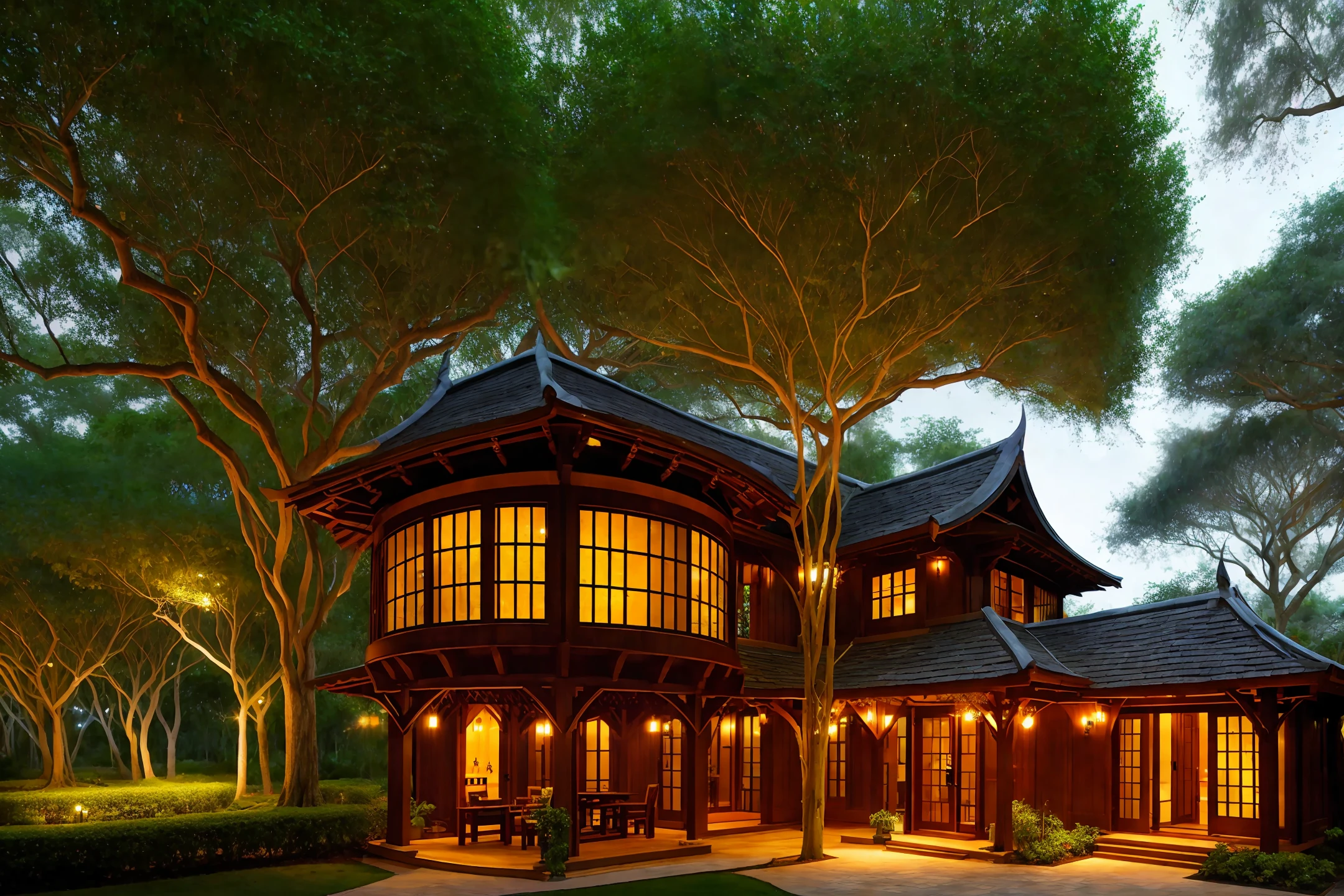 banyan tree house Celtic influence realistic singular with firefly lights