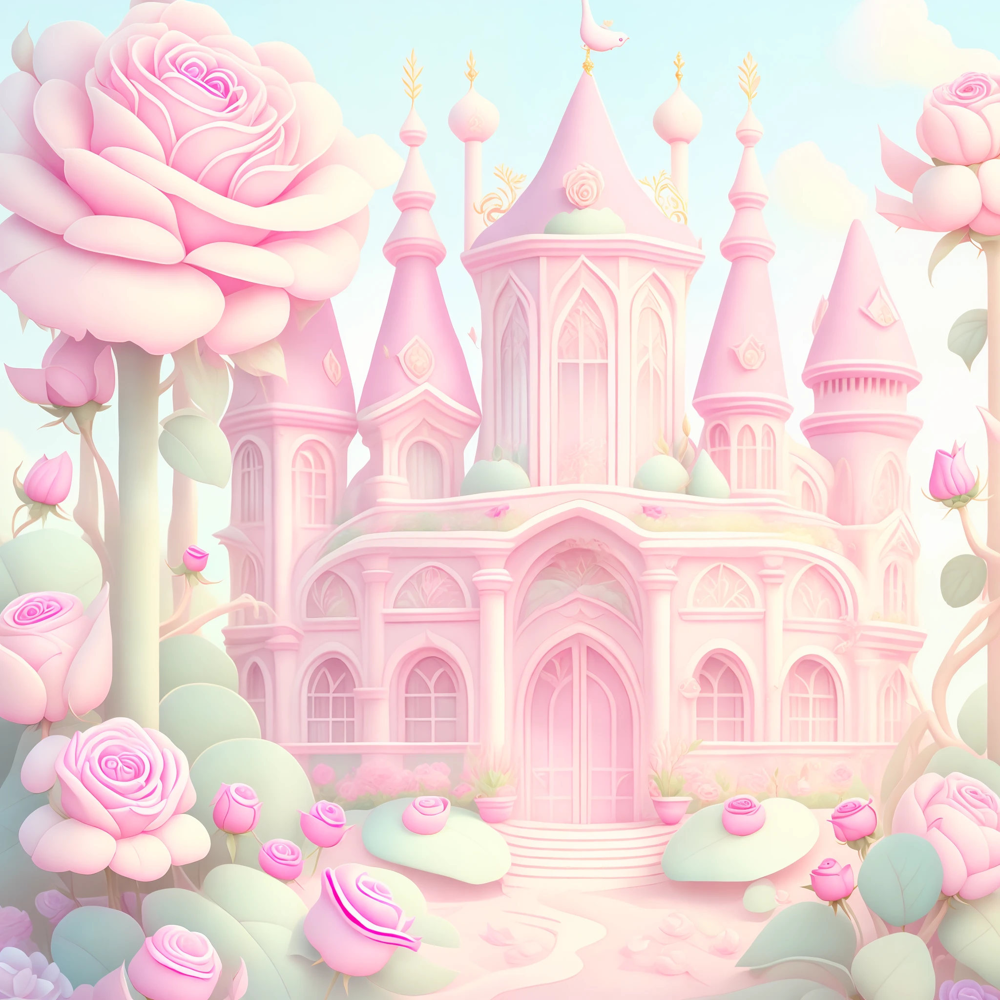 Pastel Cartoon-style palace, roses and rubys, magical elements, mobile game, forest and plants, ethereal, a touch of magical elements, outlines of animals.