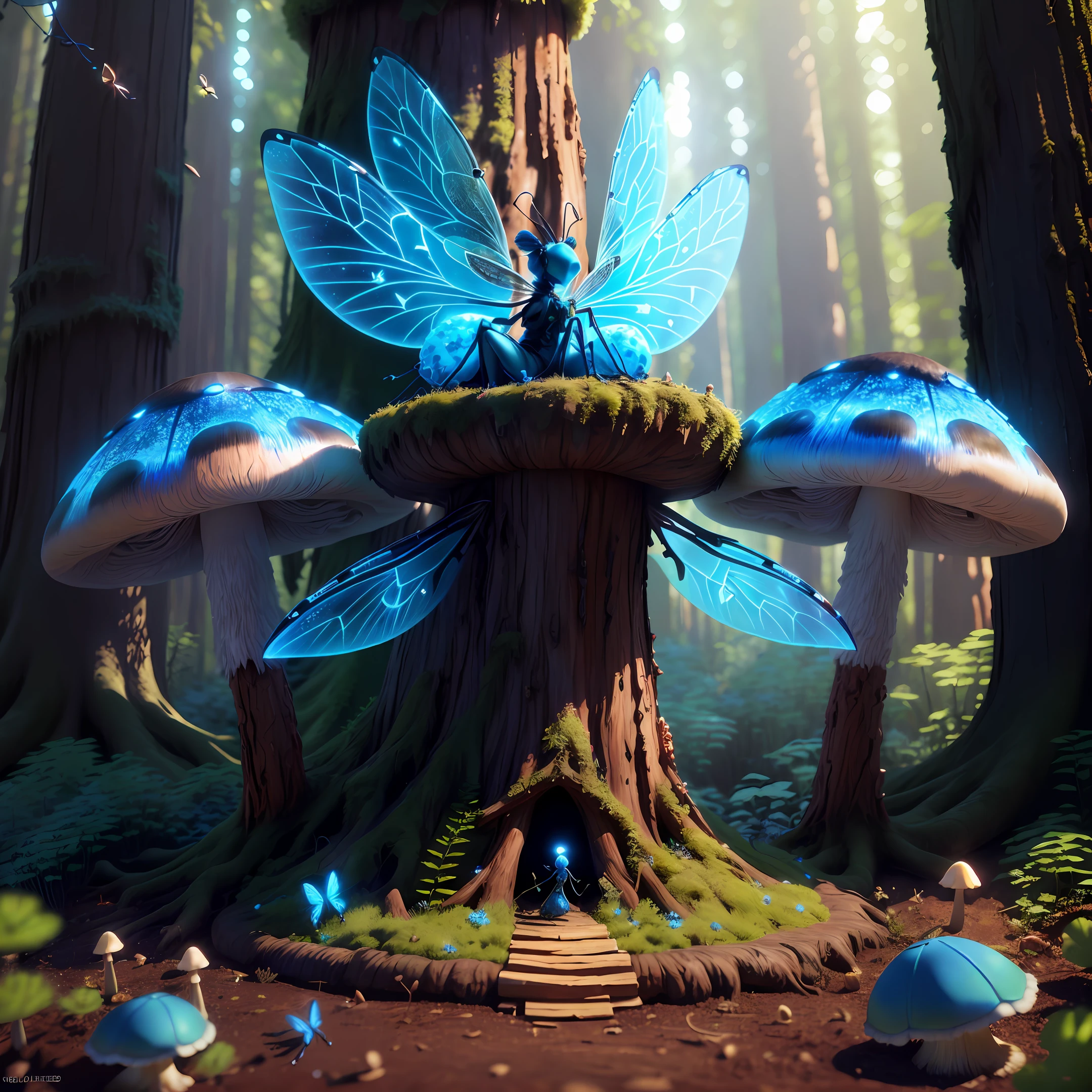 Fantasy, 3D, good quality, Hallowed out redwood tree taken over by ants, mushrooms on the side, fairy lights on the bottom, small blue dragonfly on the top