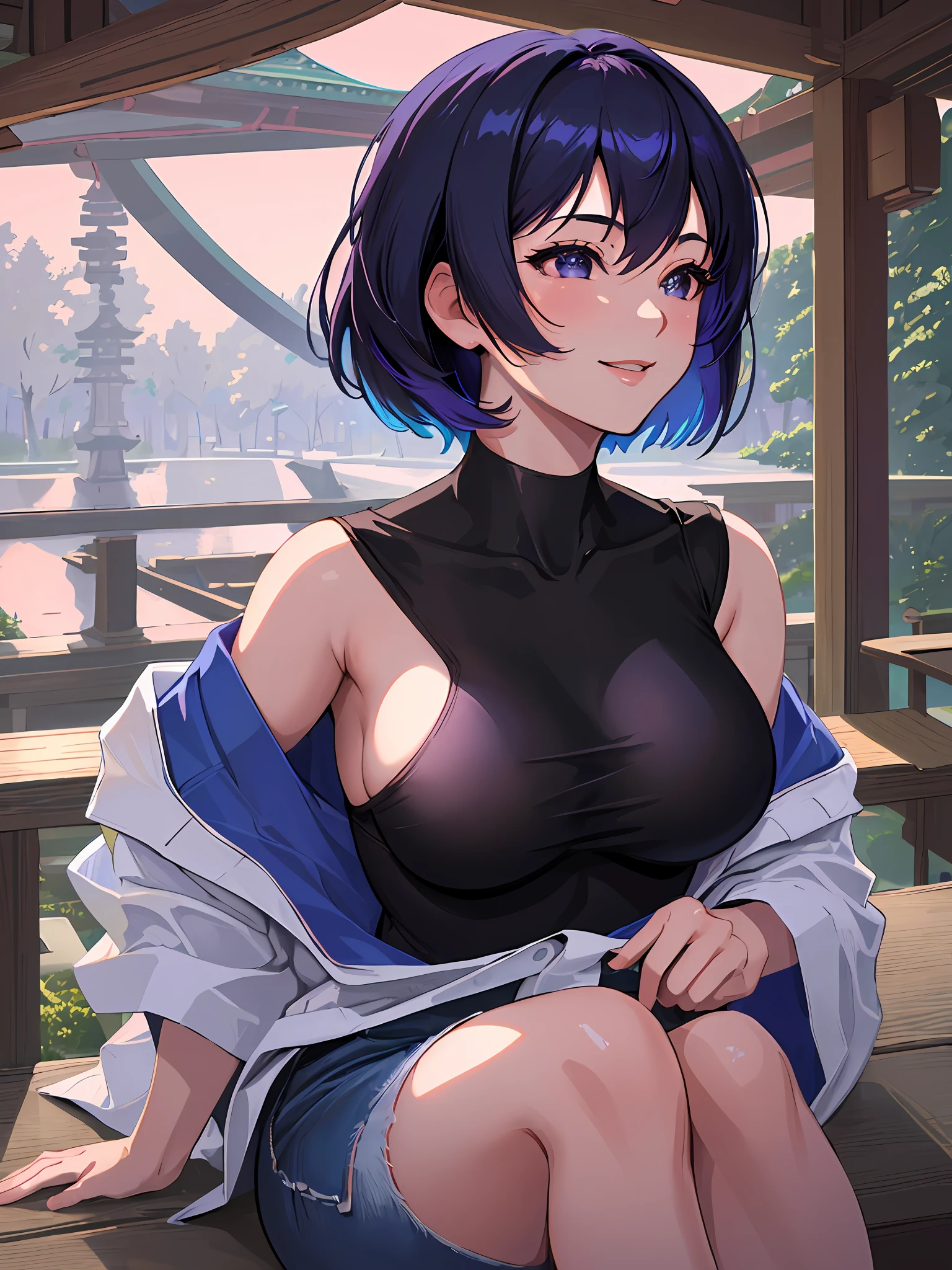 ((best quality)), ((masterpiece)), (detailed), ultra-detailed, best shadow, high contrast, (best illumination, an extremely delicate and beautiful), ((cinematic light)), intricate details, 1girl, Motoko Kusanagi, 8k uhd, medium breasts, short blue hair, inverted bob hair, black tshirt, denim shorts, smile, Japan, hanami, park, sakura tree, close up portrait