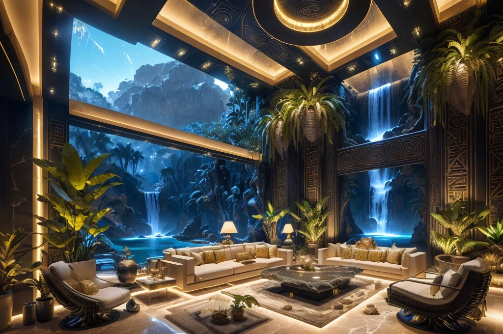 incredible luxurious futuristic living room interior in Ancient Egyptian style with many (((lush plants))) (lotus flowers), ((palm trees)), rocky walls, ((sand)), ((waterfalls)), (marble), ((precious minerals)), ((metals)), (gemstones), crystals, clouds and ((water)), futuristic luxury furniture, crocodiles, (hieroglyphics), (((ultra luxury))), (black marble) – with ((beautiful lights)), Unreal Engine, HQ, 16k