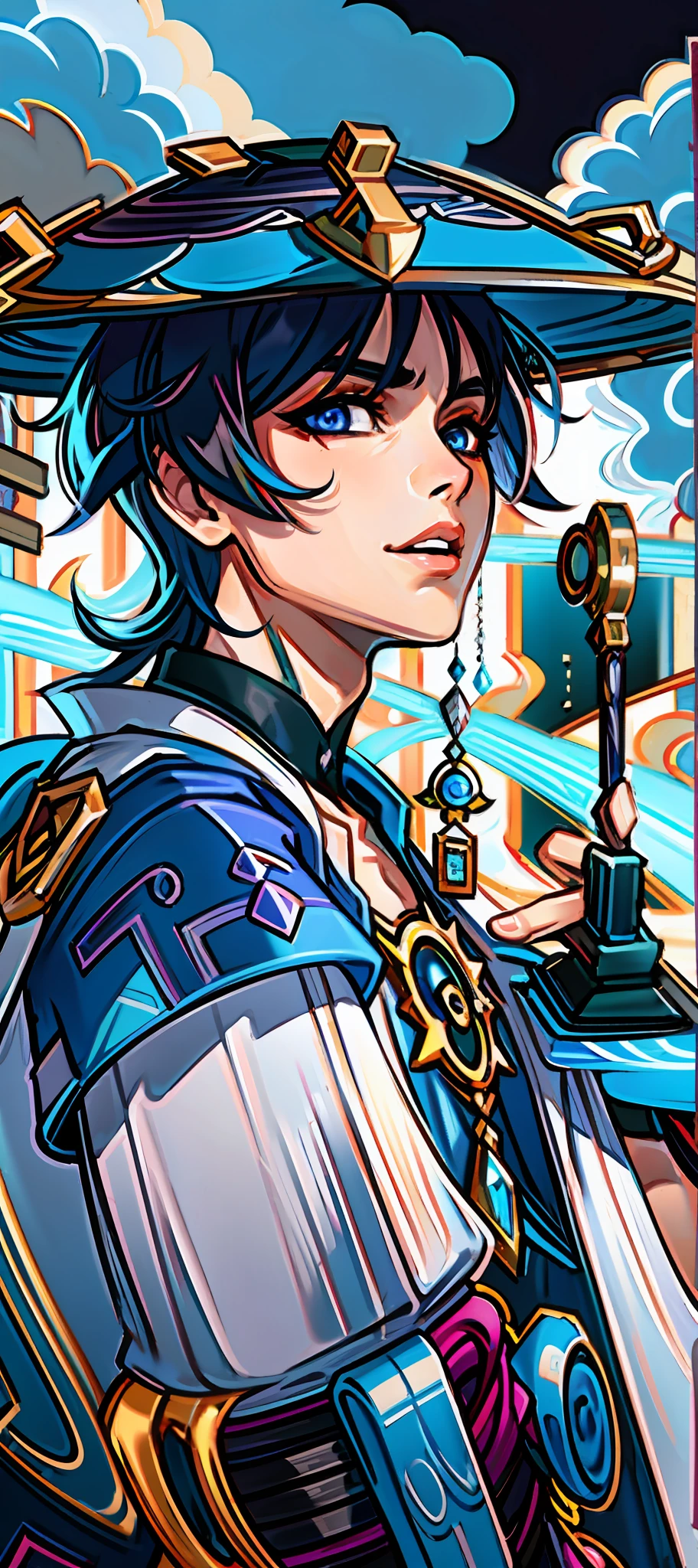 (masterpiece),(best quality:1.0), (ultra highres:1.0), detailed illustration, 8k, anime, masterpiece, wearing a wide blue hat over head, black and blue hat, large detailed hat, best quality,(wanderer:1.2), black hair, letterboxed, (genshin impact), 1boy, male focus, solo, vest,(kbxll:0.5), anime style, vibrant