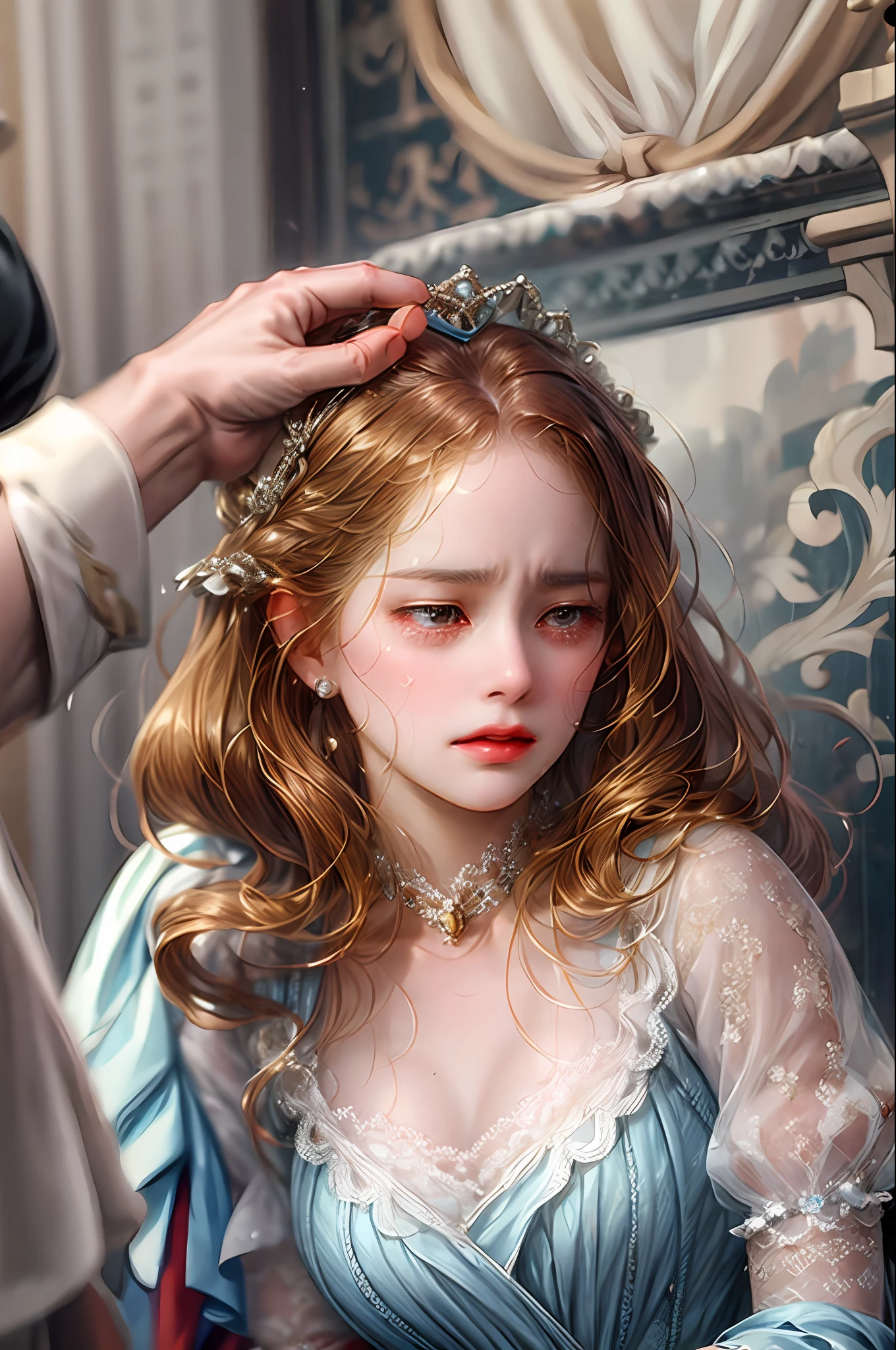 A young noblewoman with a broken heart crying with many tears running down her cheek and eyes swollen from so much crying and a painful expression