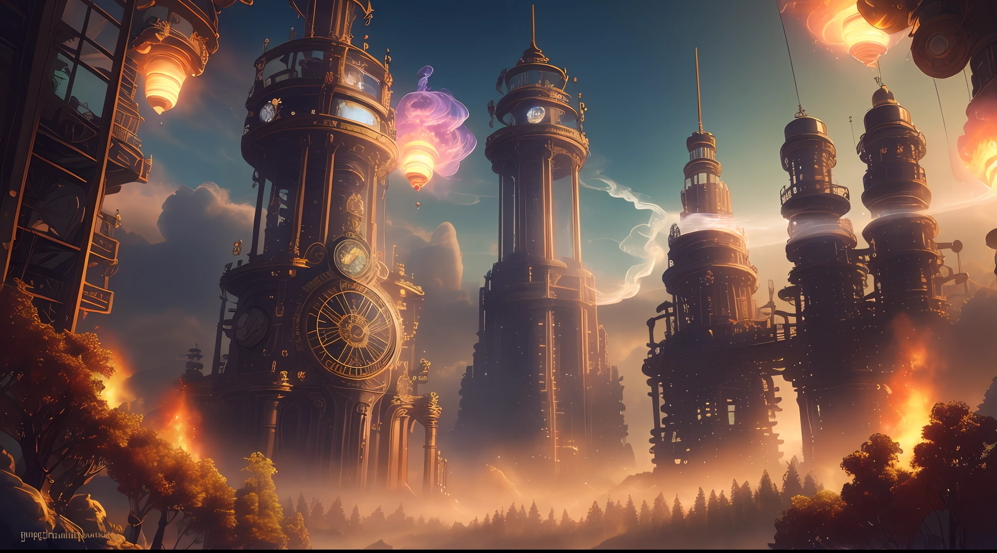 steampunk, mechanical, smoke, gears, fantasy, high quality, 8k, colorful, various colors, magic, gods, art, background, (magic), (smoke), universe, biblical angels, paradise, day, hot, trees-of-life, eggdrasil, valheim, ethereal, mystery, high resolution, masterpiece, fantastic, grand, angels, haven, contrast