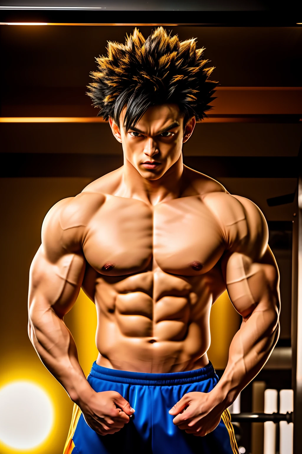 son_goku, super_saiyan, bodybuilder, cabelo_amarelo, olhos_amarelos, aura, fighting posture, cinematic photo, full body, standing, full body, (yellow eyes: 1.3), big hair, (shirtless), soft natural light, ((in the gym)), ((masterpiece)), (best quality), (high resolution), highly detailed, extremely detailed, photorealistic, realistic, incredibly absurd, highly detailed, sharp focus, (Professional Studio Lighting), (Professional Color Grading), Edge Lighting, Dramatic Lighting, Cinematic Lighting, Lumen Reflections, Soft Natural Lighting, Soft Color, Photon Mapping, Radiosity, (Beautiful Eyes), (Detailed Eyes), (Detailed Face), Symmetrical Eyes, Sharp Eyes, Cold Face, Full Body