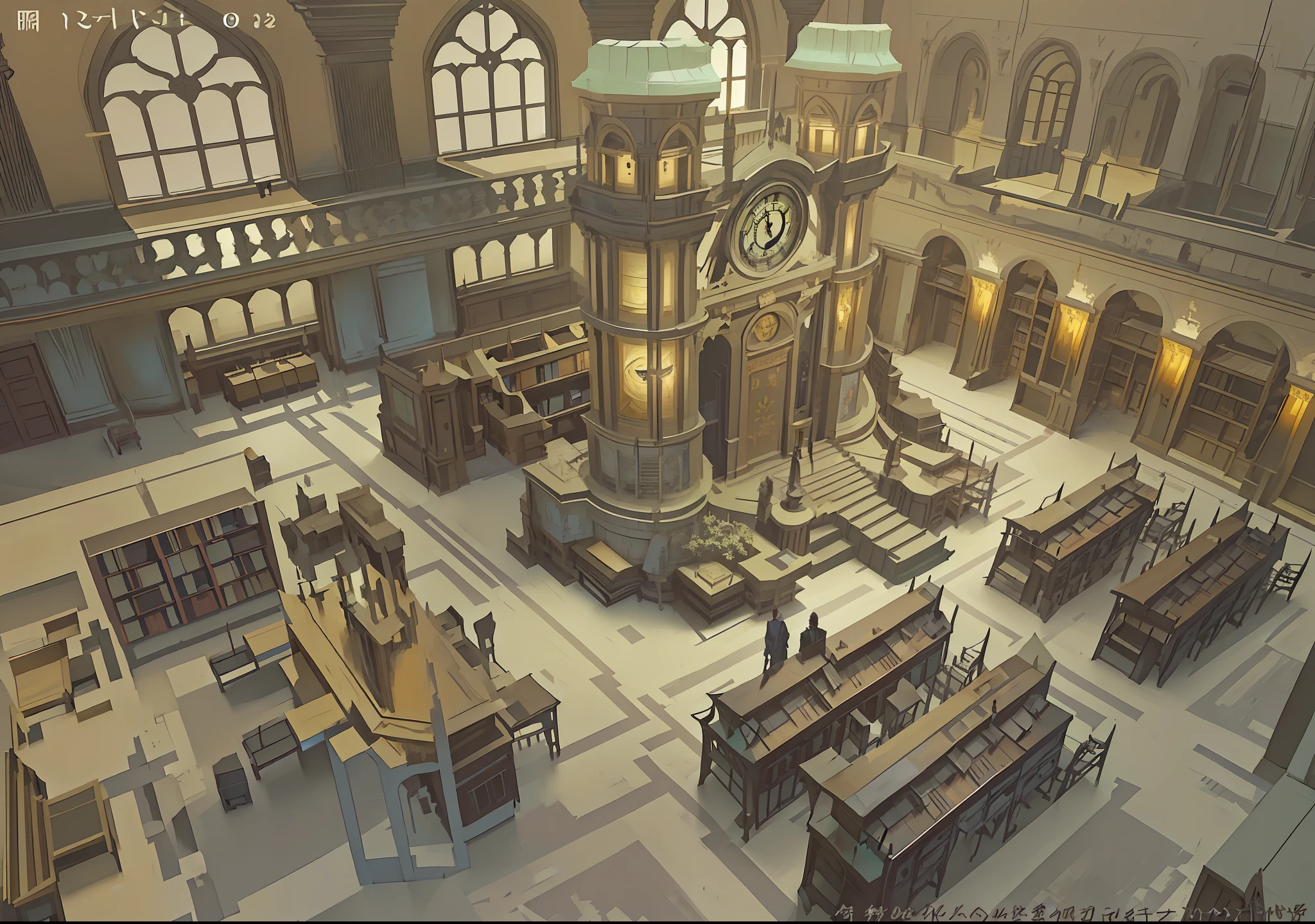 there is a large room with a clock tower in it, library of ruina concept art, gothic epic library concept, anime scenery concept art, vast library, library interior background, final fantasy vll world concept, concept art highly detailed, ancient library, concept arts, pixiv 3dcg, alchemist library background, disco elysium concept art, library background