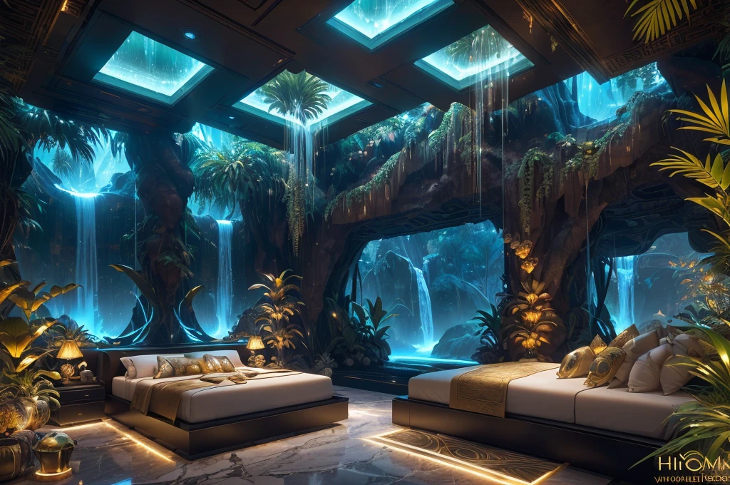 incredible luxurious futuristic bedroom interior in Ancient Egyptian style with many (((lush plants))) (lotus flowers), ((palm trees)), rocky walls, ((sand)), ((waterfalls)), (marble), ((precious minerals)), ((metals)), (gemstones), crystals, clouds and ((water)), futuristic luxury furniture, crocodiles, (hieroglyphics), (((ultra luxury))), (black marble) – with ((beautiful lights)), Unreal Engine, HQ, 16k